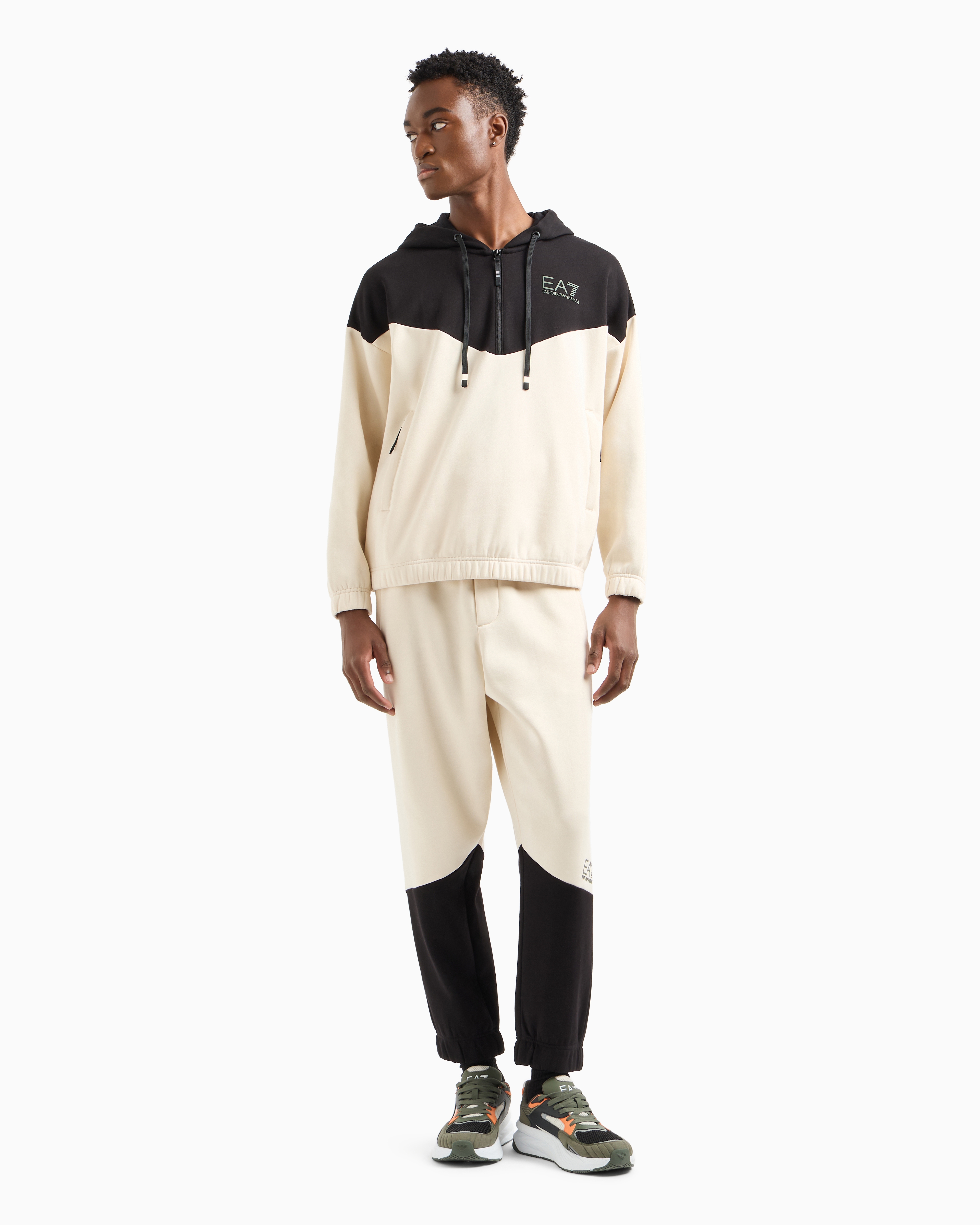 Shop Ea7 Athletic Colour Block Cotton-blend Tracksuit In Beige