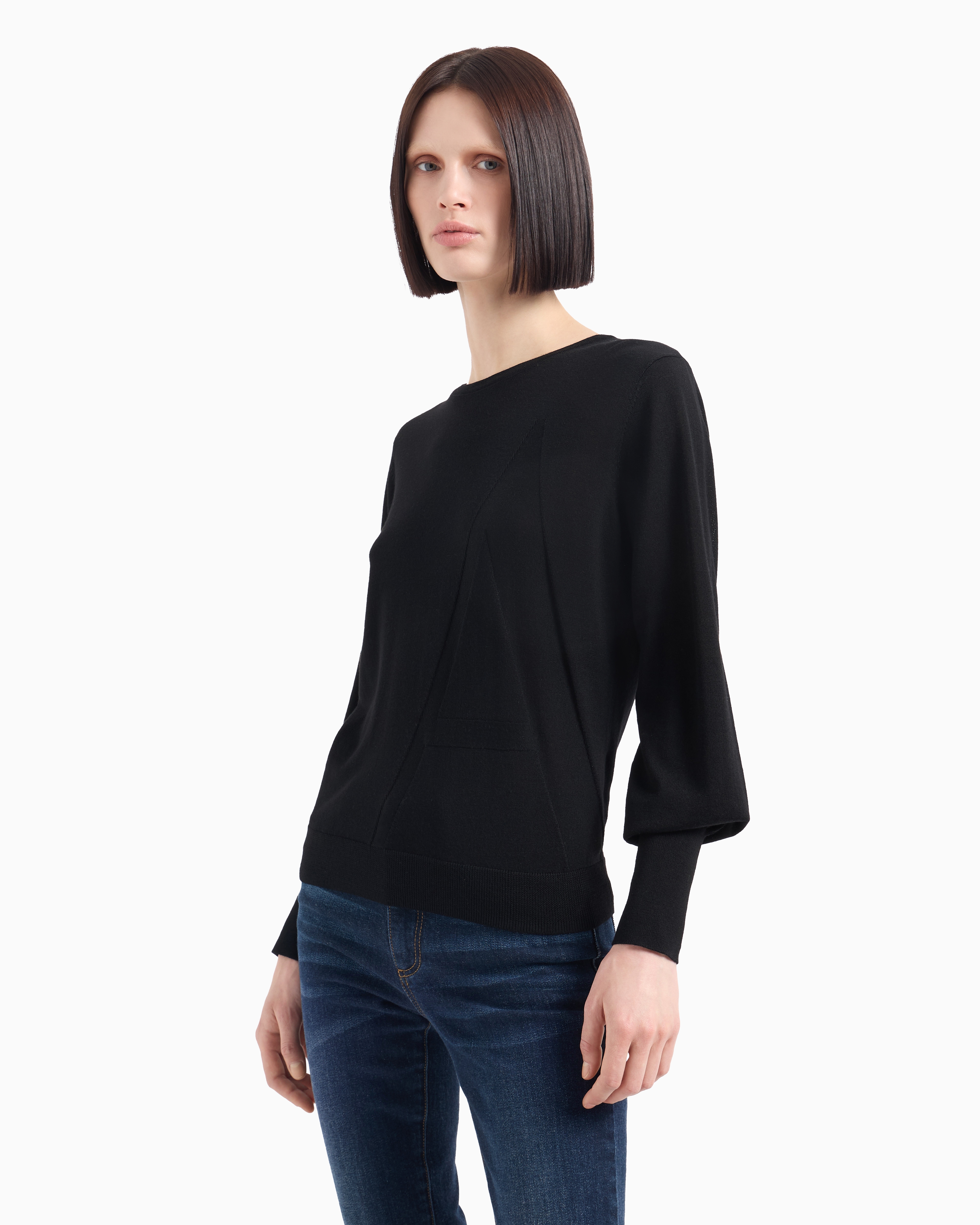 Shop Armani Exchange Sweater With Wide Sleeves And Jacquard A-line Logo In Black