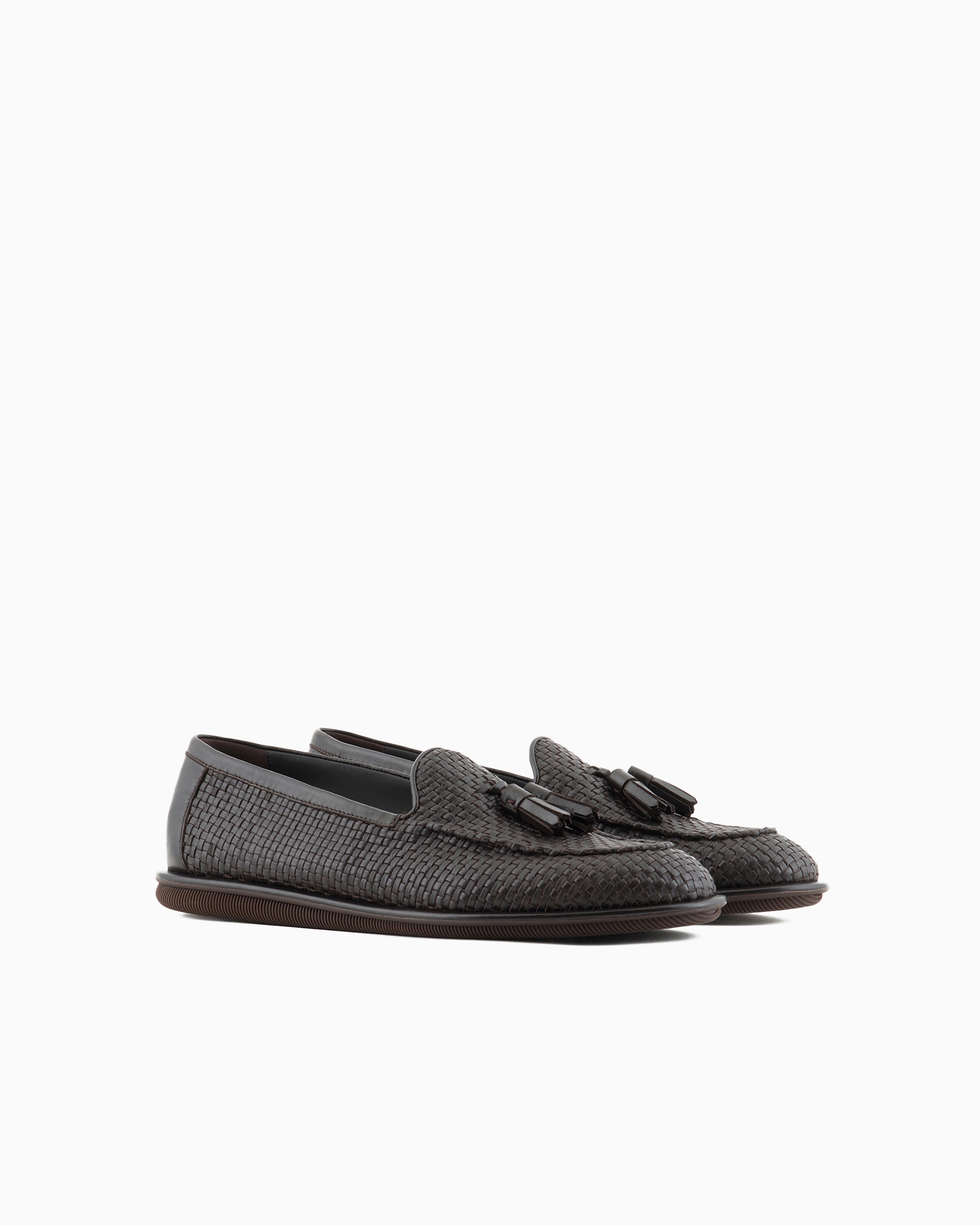 Shop Giorgio Armani Woven Nappa Leather Loafers With Tassels In Brown