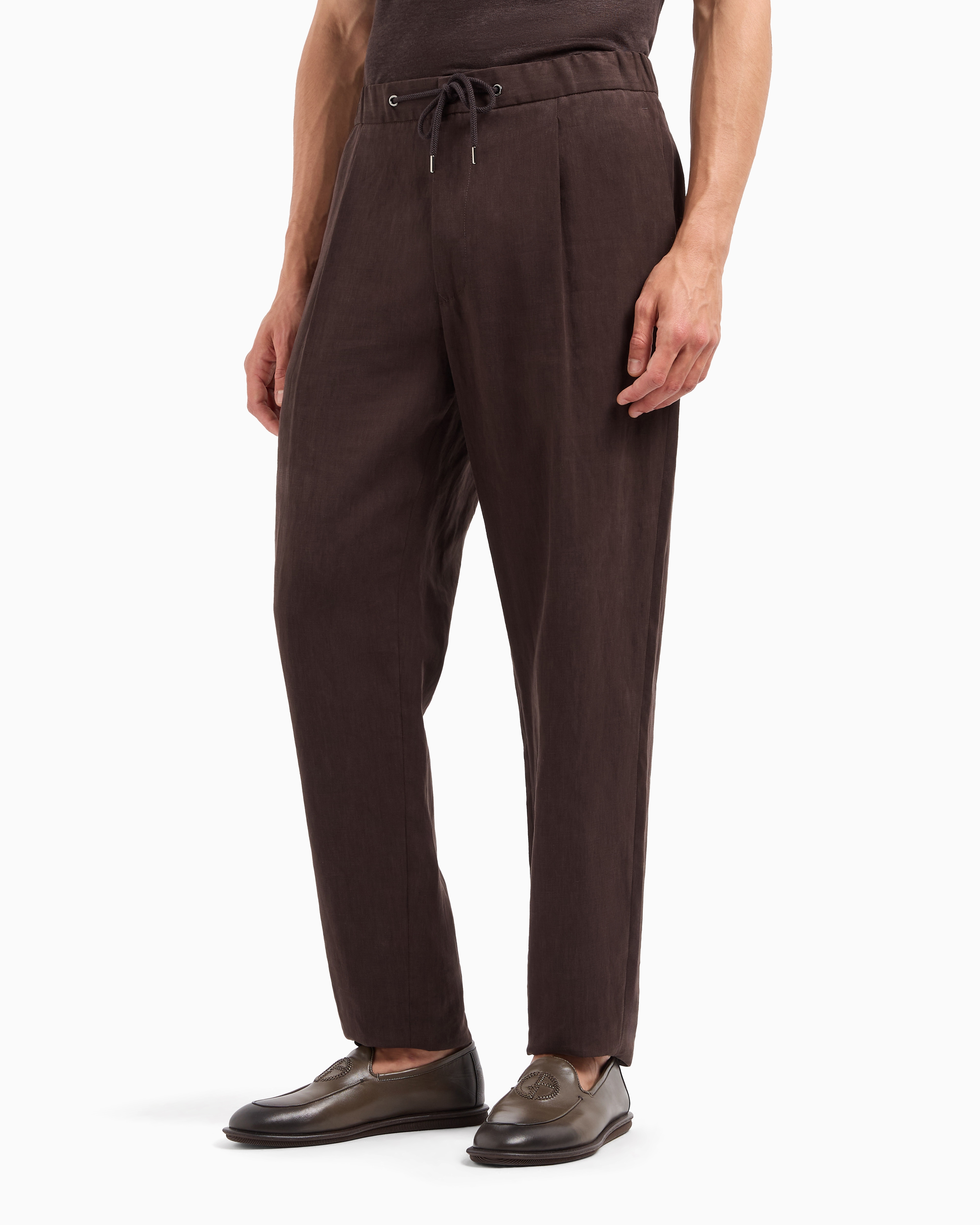 Shop Giorgio Armani Single-dart, Pure Linen Canvas Trousers In Brown