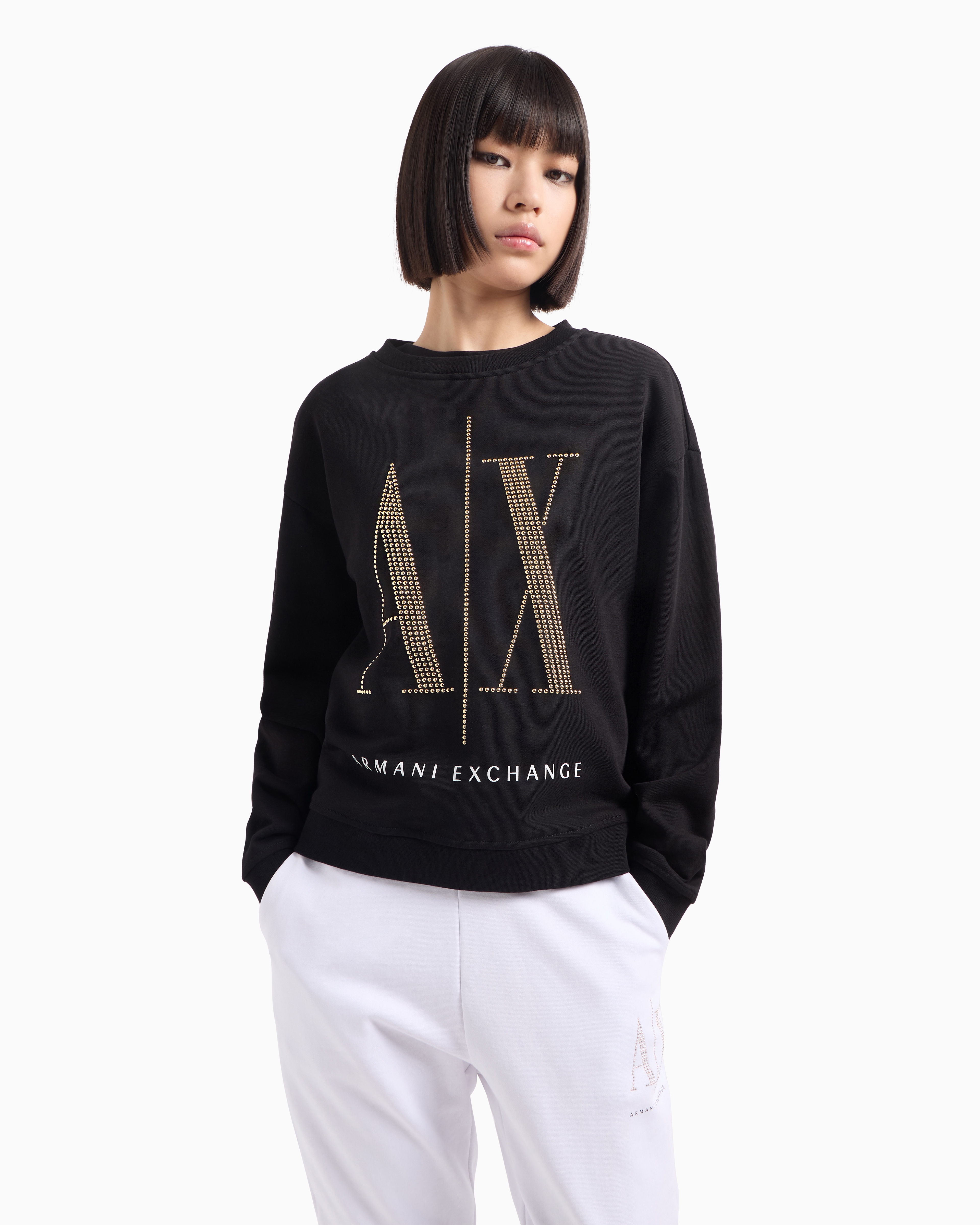 Shop Armani Exchange Icon Project French Terry Sweatshirt With Rhinestone Logo In Black