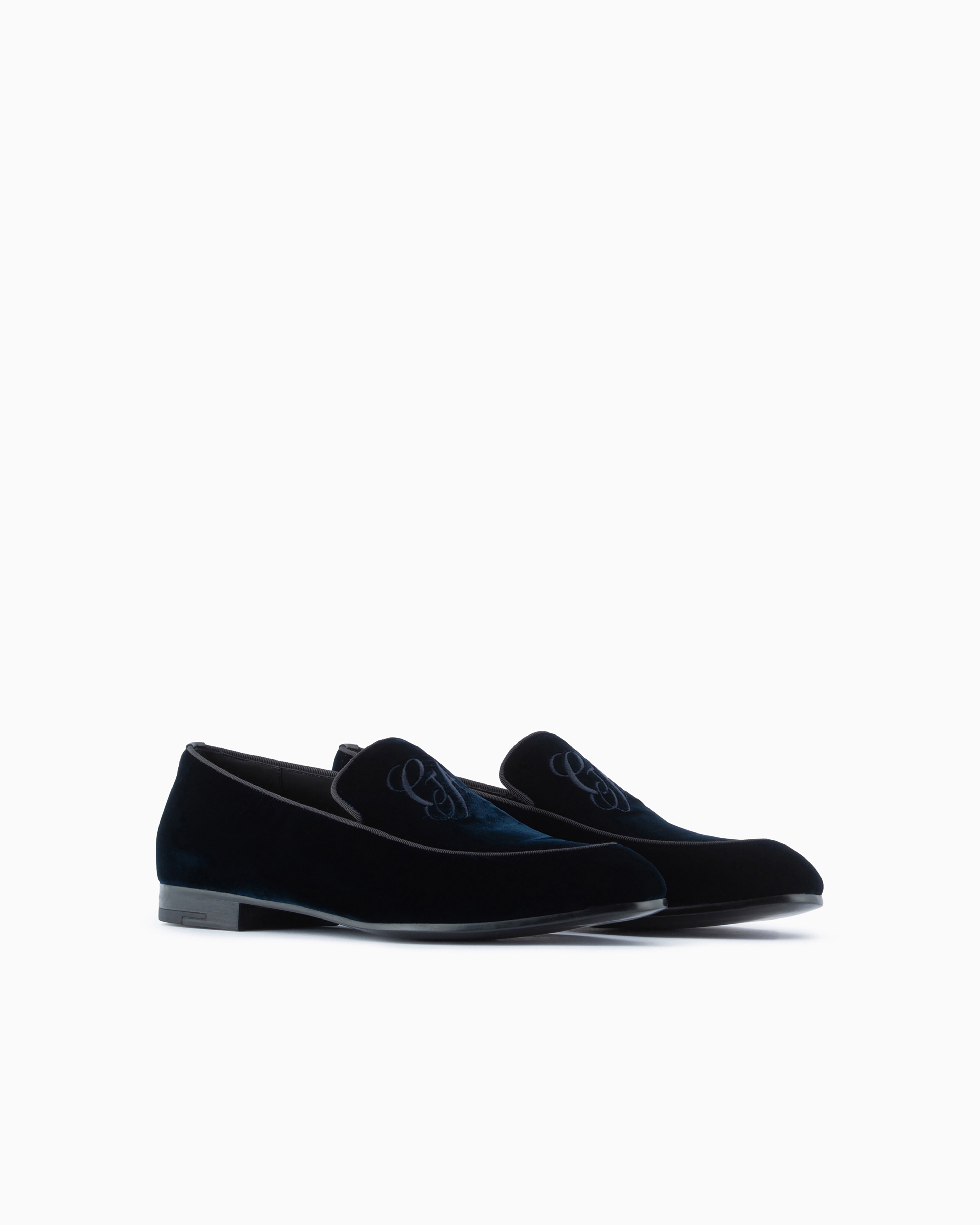 Shop Giorgio Armani Velvet Loafers With Embroidered Logo In Navy Blue