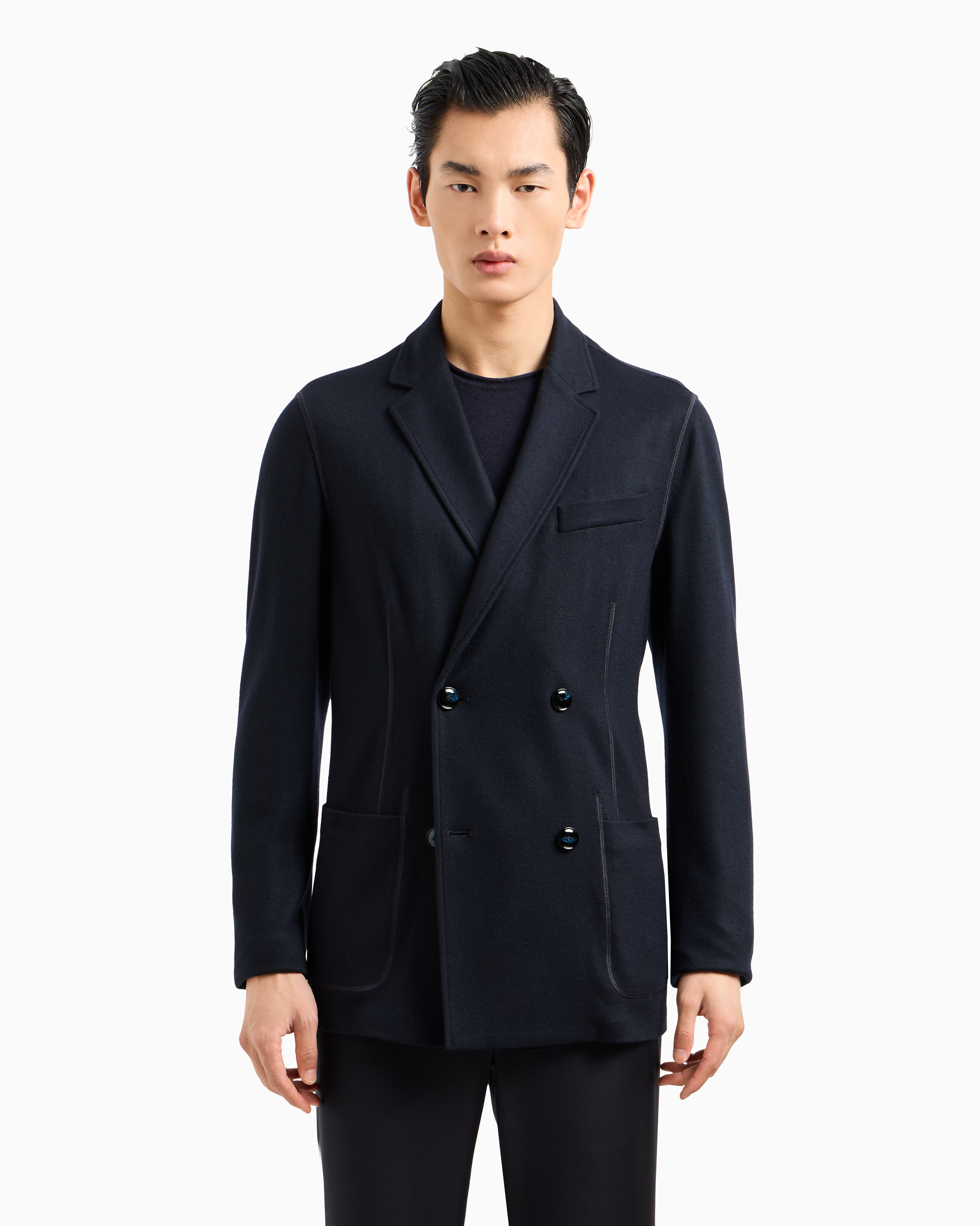 Shop Giorgio Armani Icon Double-breasted Jacket In Fulled Cashmere Interlock In Navy Blue