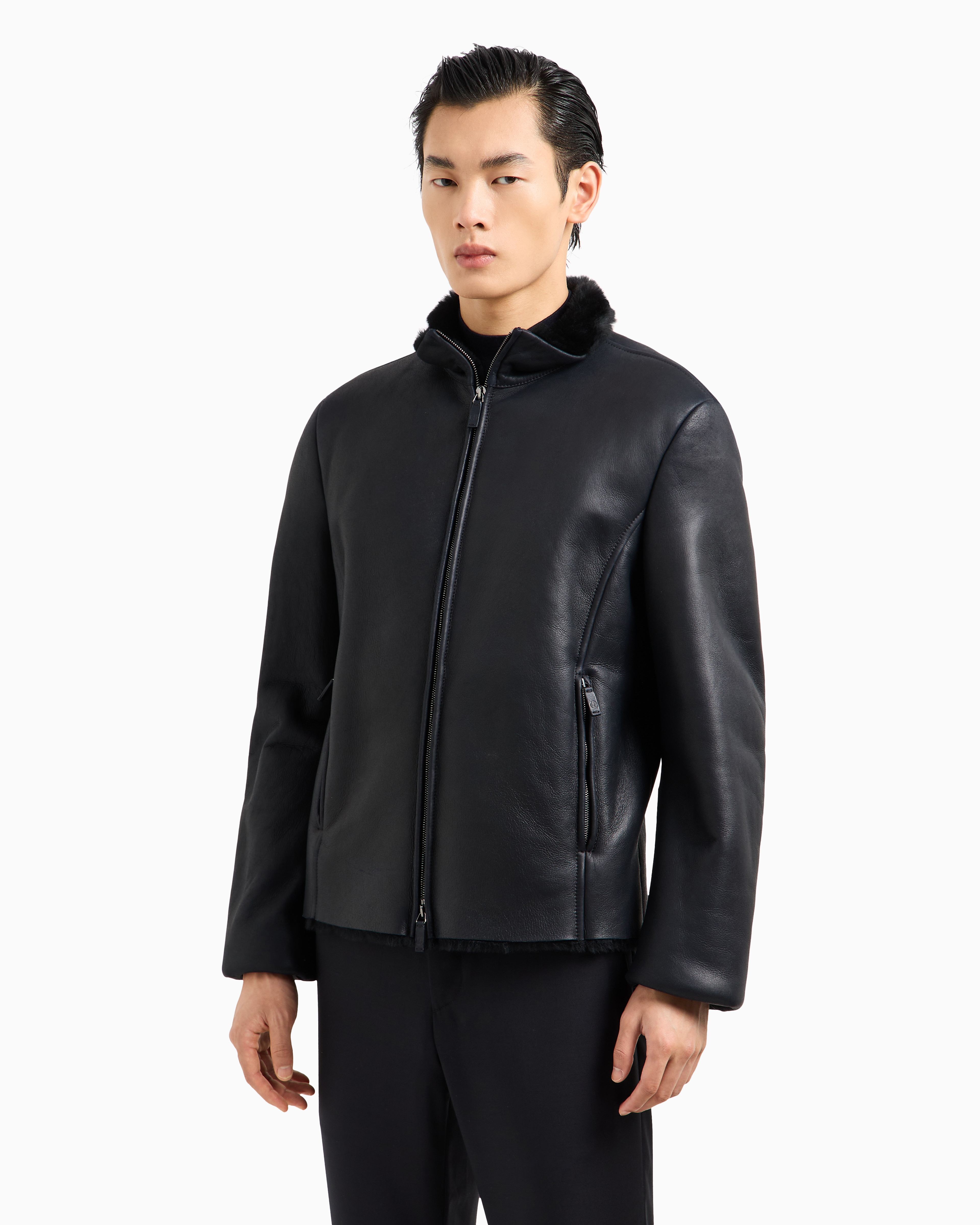 Giorgio Armani Official Store Zipped Sheepskin Blouson In Midnight Blue