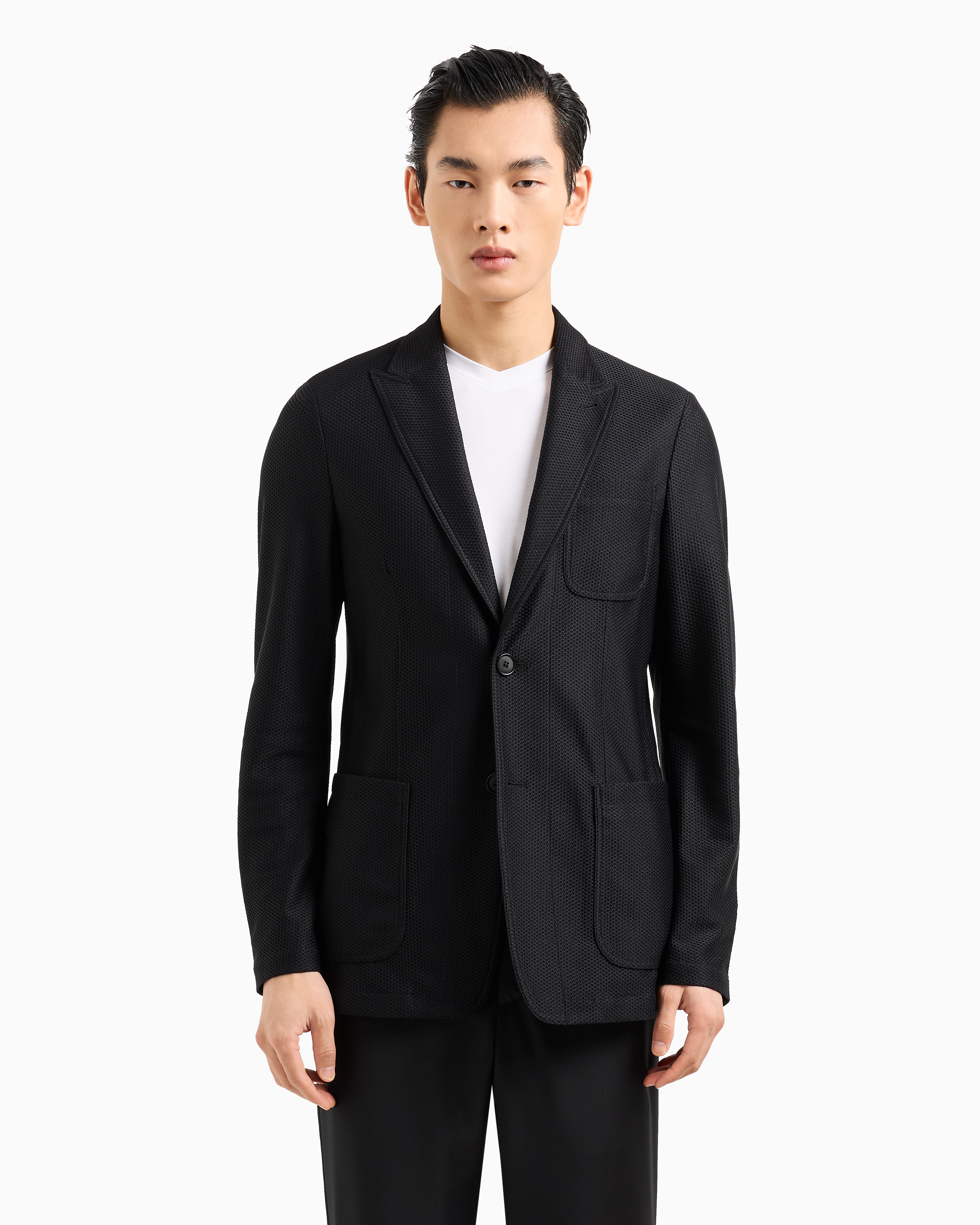 Giorgio Armani Official Store Icon Single-breasted Jacket In Technical Waffle Fabric In Black