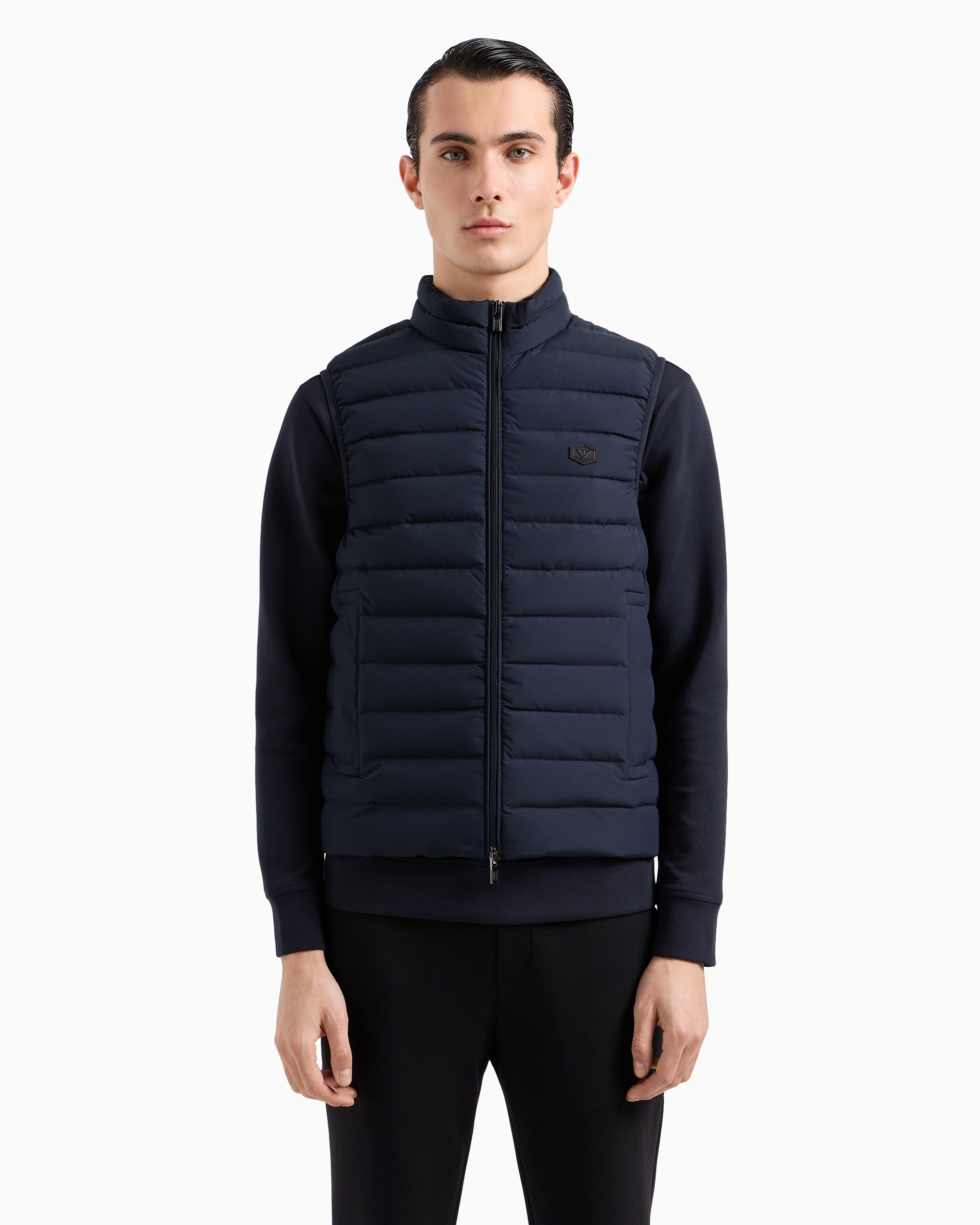 Shop Emporio Armani Sleeveless Full-zip Down Jacket In Quilted Nylon With Eagle Logo Patch In Navy Blue