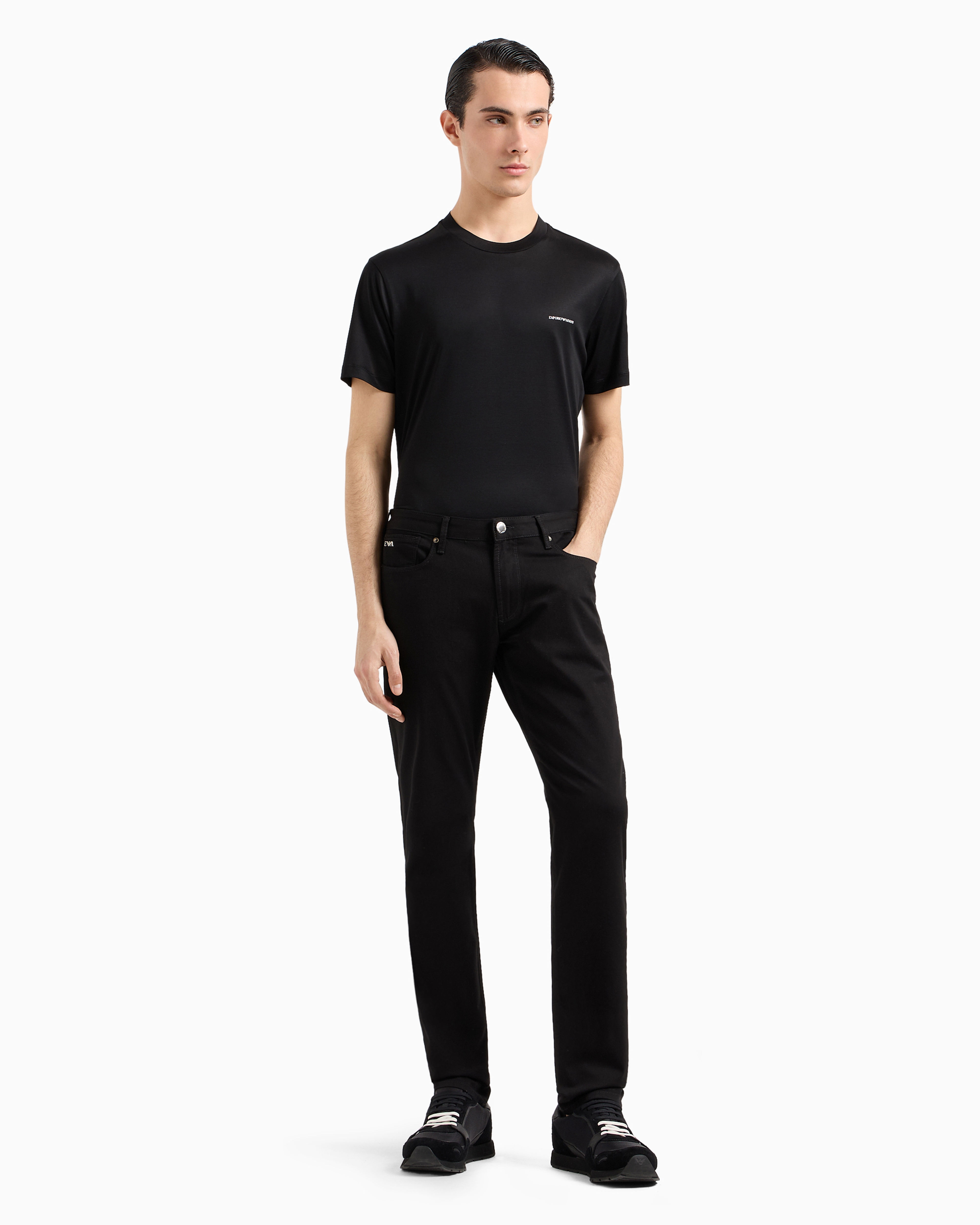 Emporio Armani Black T-shirt With Logo Lettering On The Front In Cotton And Lyocell Blend Man In Black