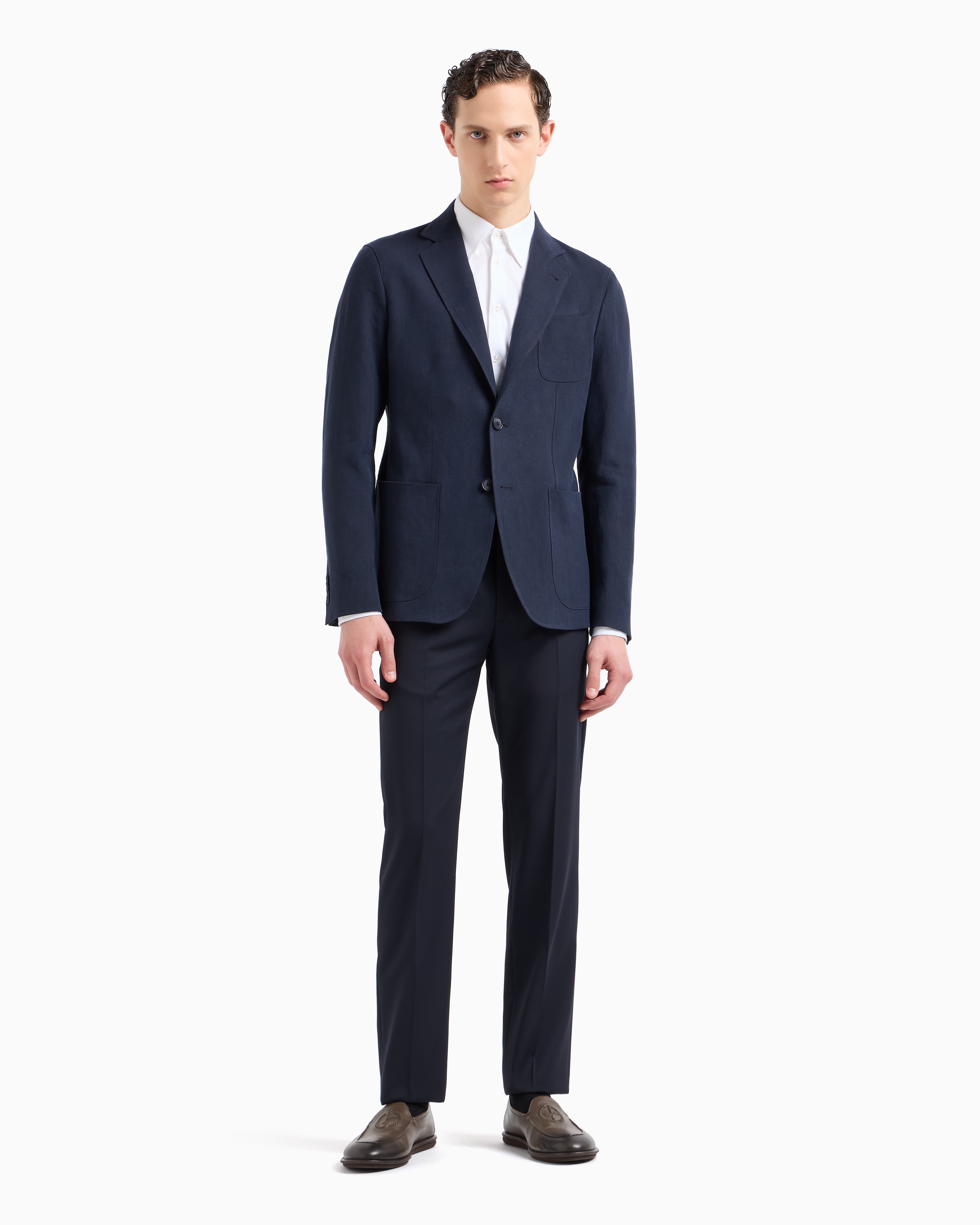 Giorgio Armani Official Store Upton Line Single-breasted Jacket In Pure Linen Canvas In Bleu
