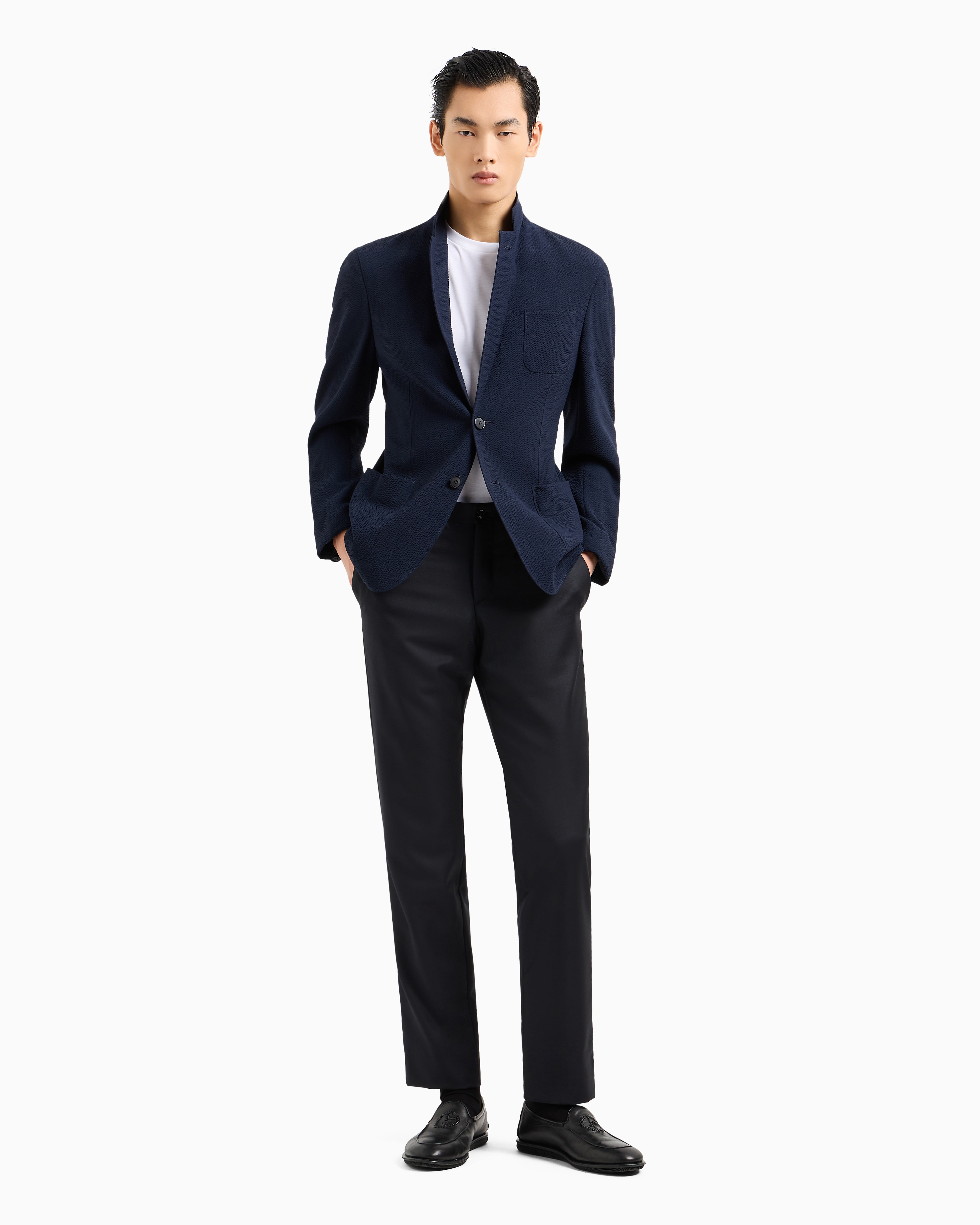 Giorgio Armani Upton Line Single-breasted Jacket In Seersucker Virgin Wool In Blue