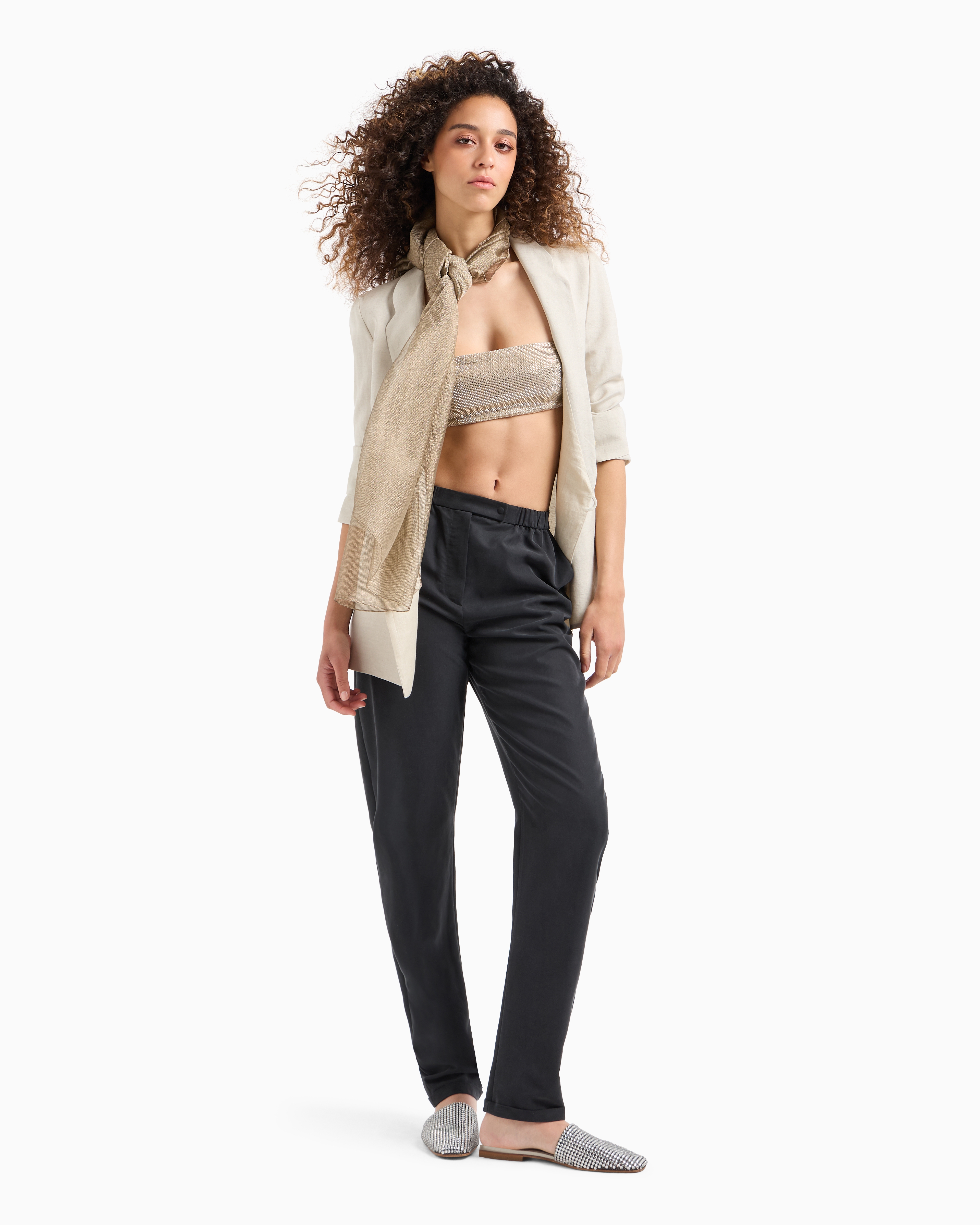 Emporio Armani Official Store Rhinestone-covered Bandeau Top With Shoulder Straps In Beige