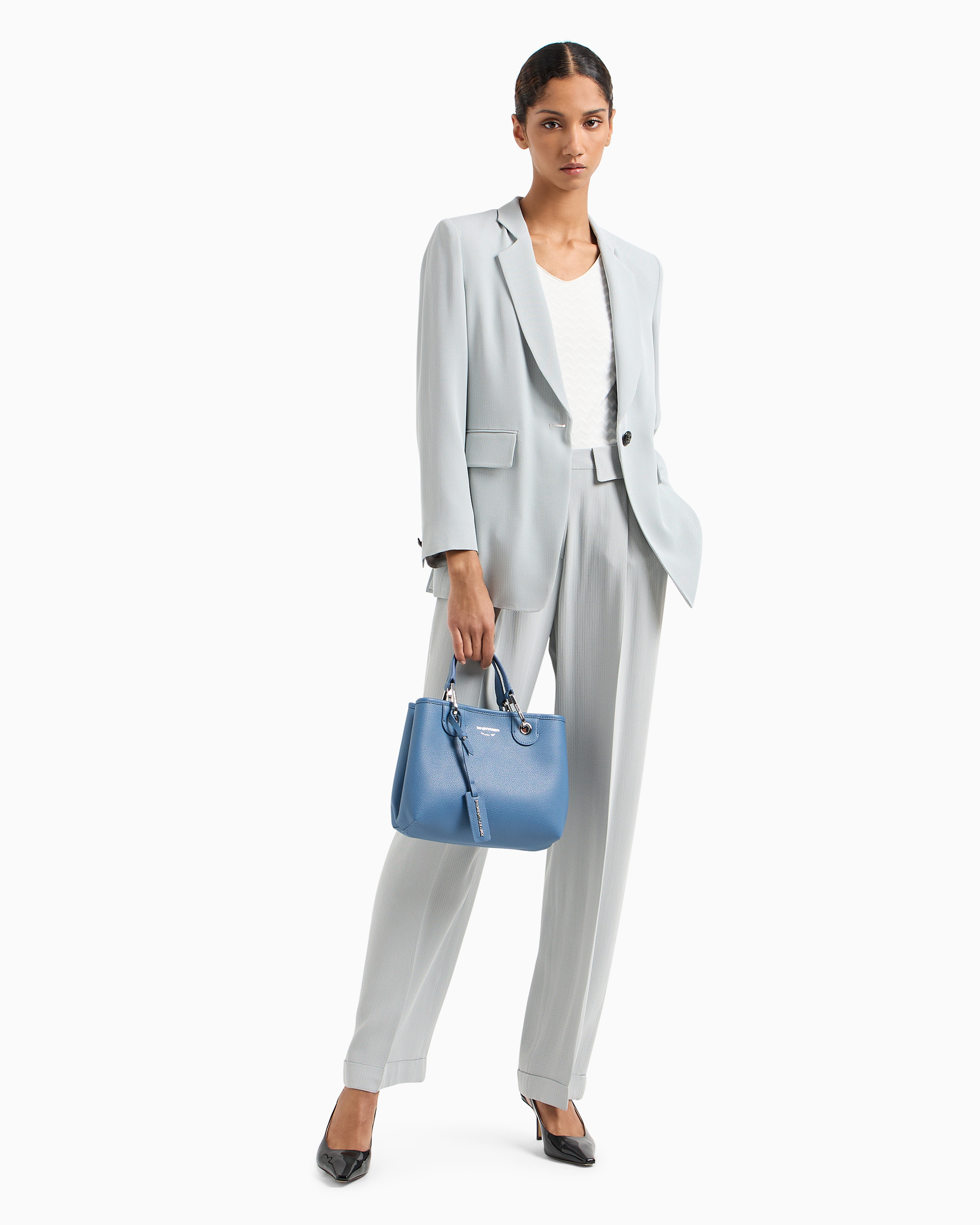 Emporio Armani Two-way Stretch Jacquard Jersey V-neck Jumper With Three-quarter Length Sleeves In White
