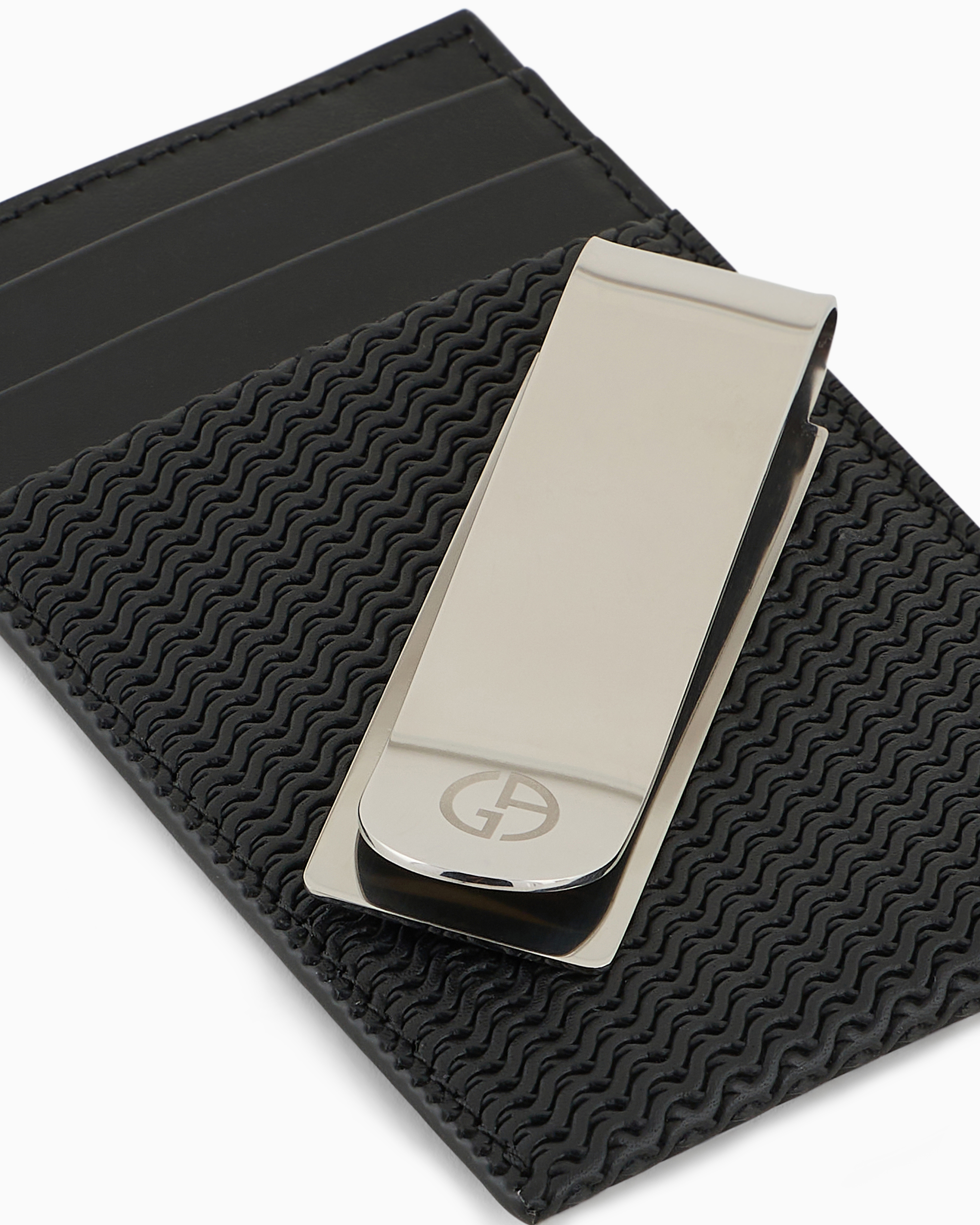 Giorgio Armani Official Store Card Holder In Embossed Leather In Black
