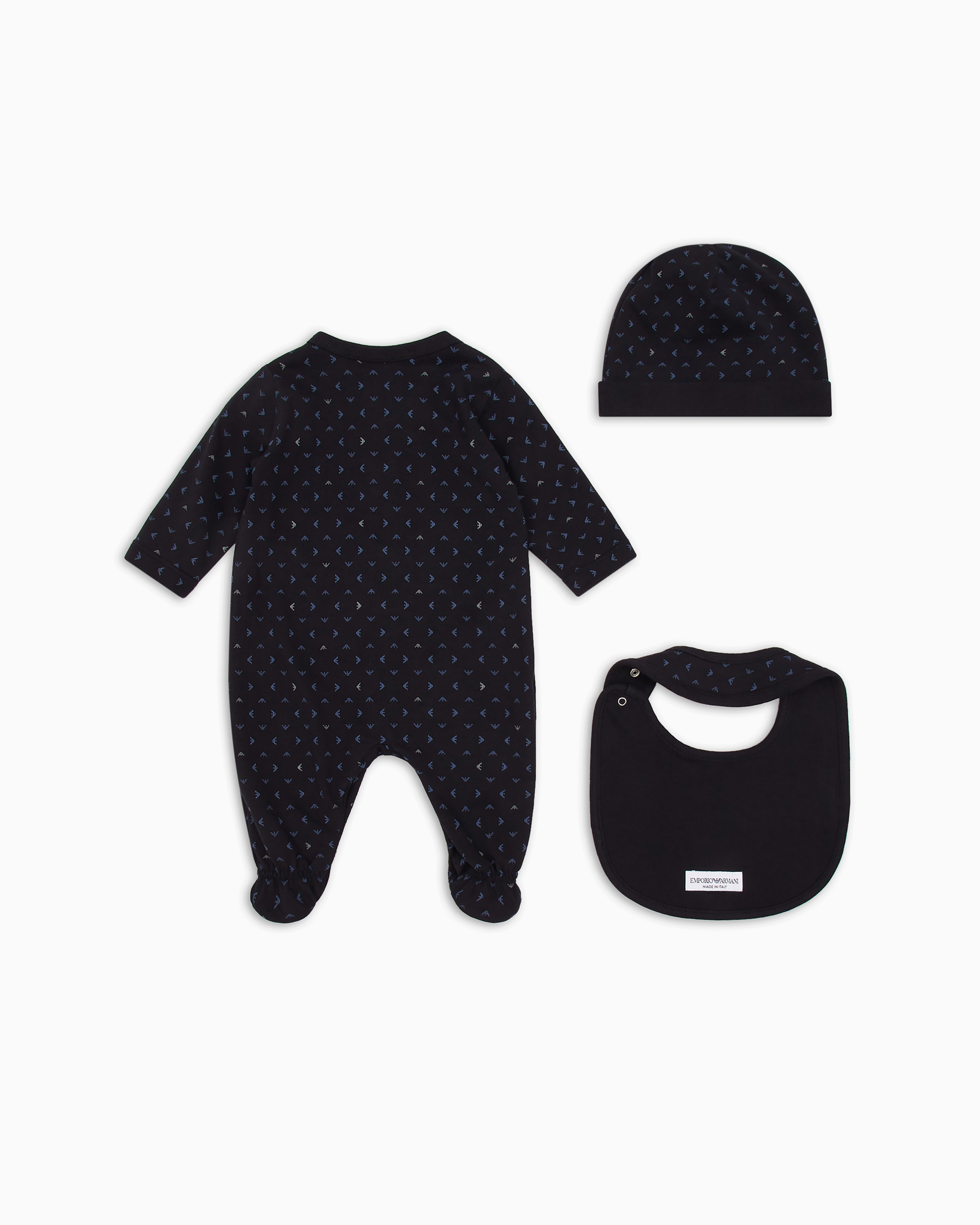 Emporio Armani Gift Set Of An All-over Op-art Eagle Onesie, Bib And Beanie In Blue