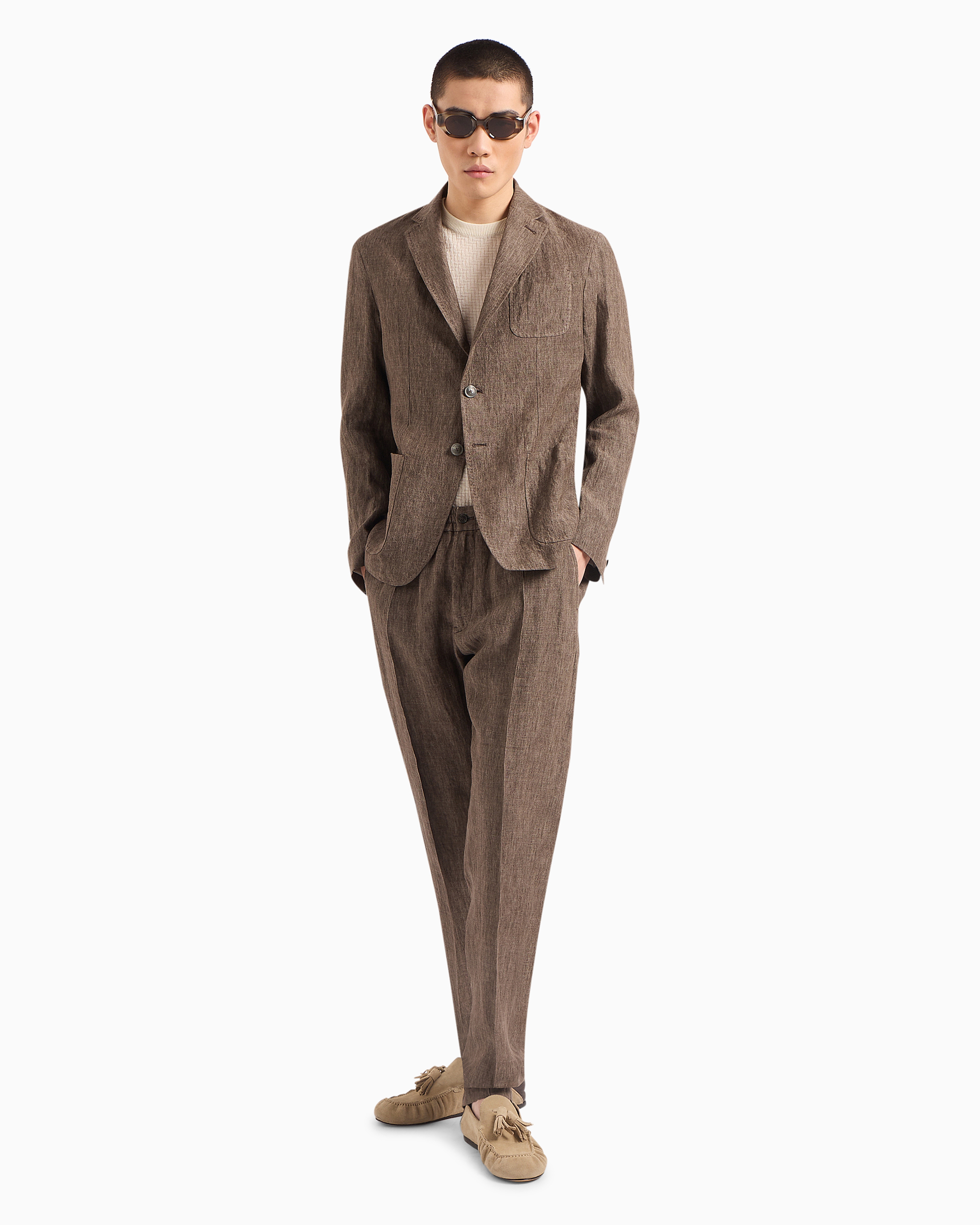 Shop Emporio Armani Crêpe-effect Faded Linen Trousers With Ribbing In Brown