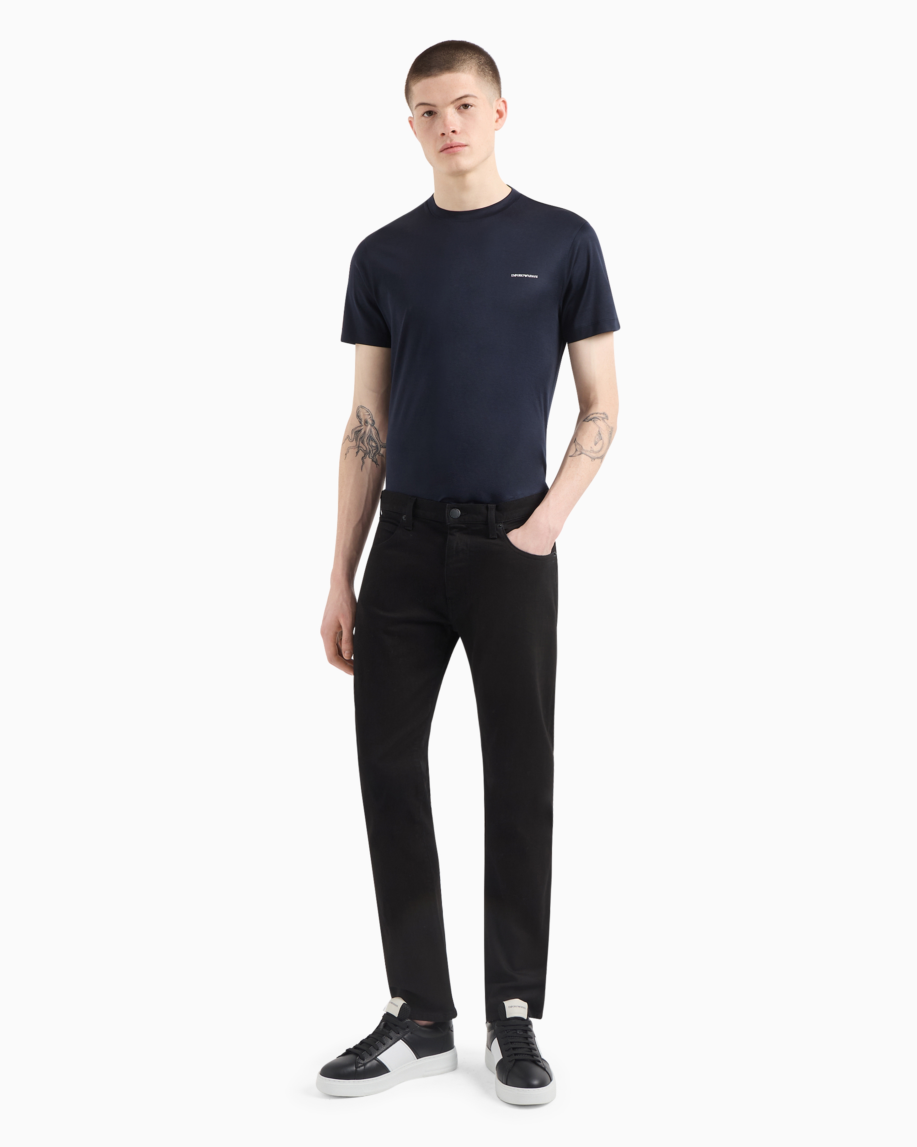 Emporio Armani Official Store Lyocell-blend Jersey T-shirt With Asv Micro Logo Lettering In Navy Blue