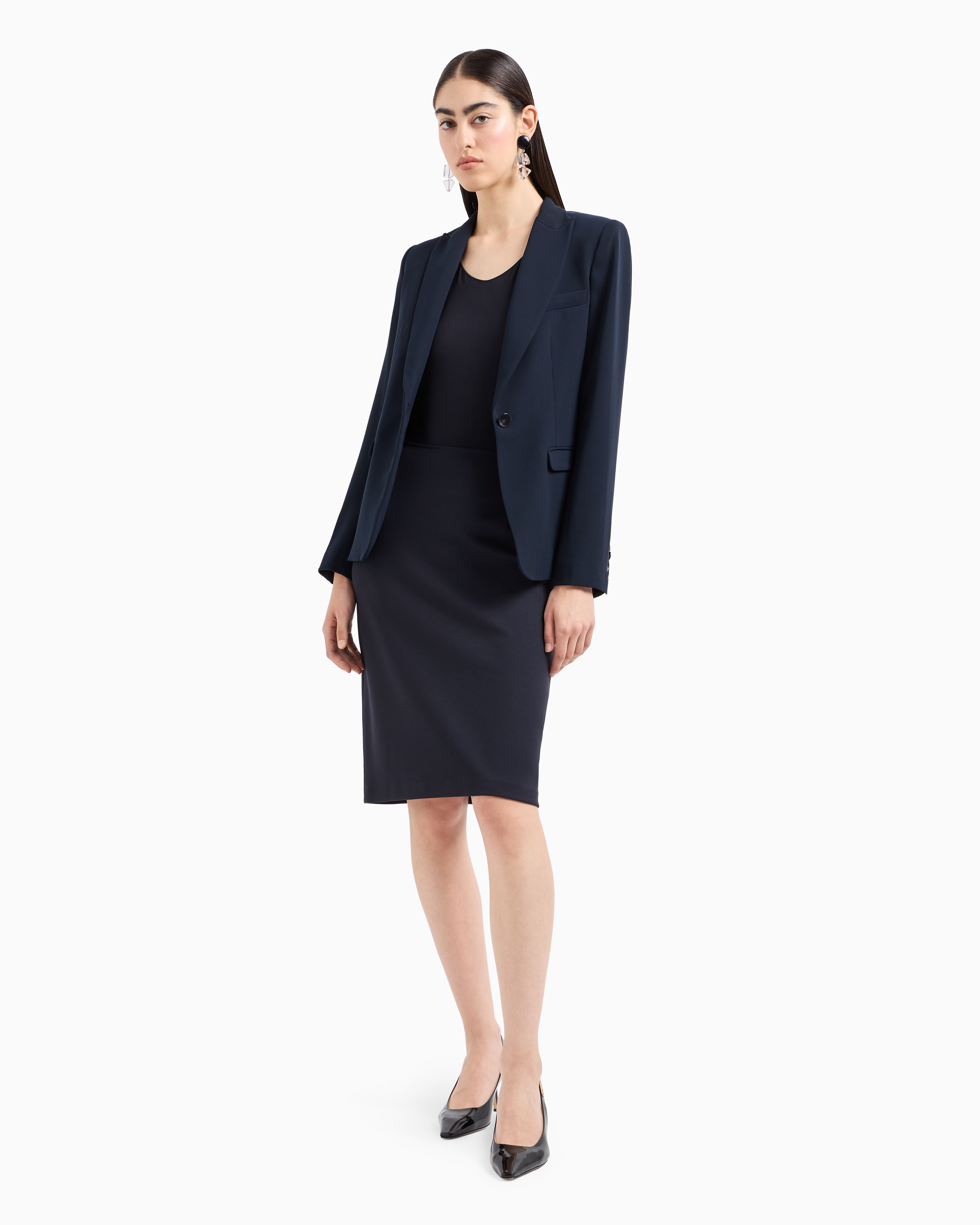 Emporio Armani Official Store Viscose Stretch Jersey V-neck Jumper With Three-quarter Length Sleeves In Navy Blue