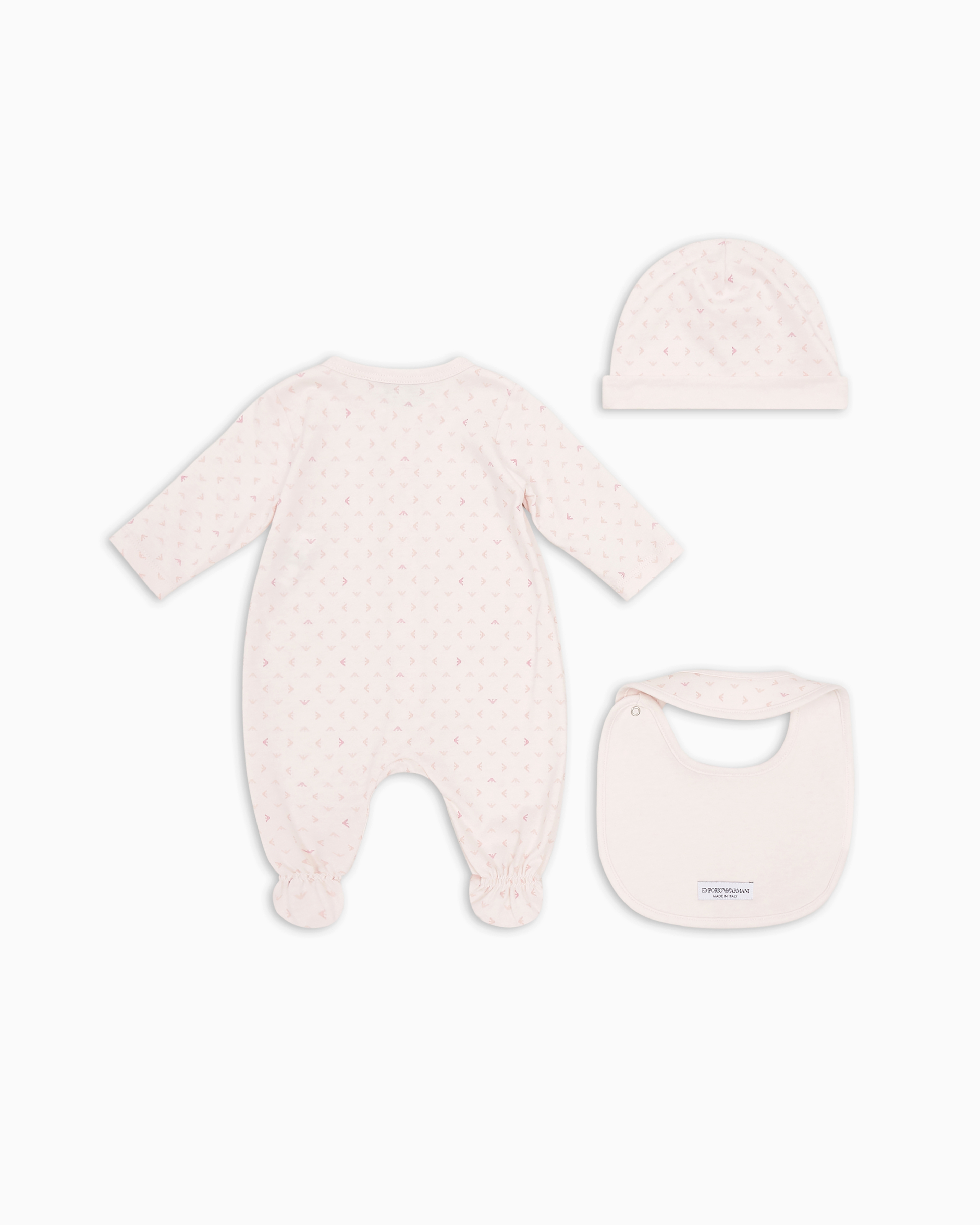 Shop Emporio Armani Gift Set Of An All-over Op-art Eagle Onesie, Bib And Beanie In Pink