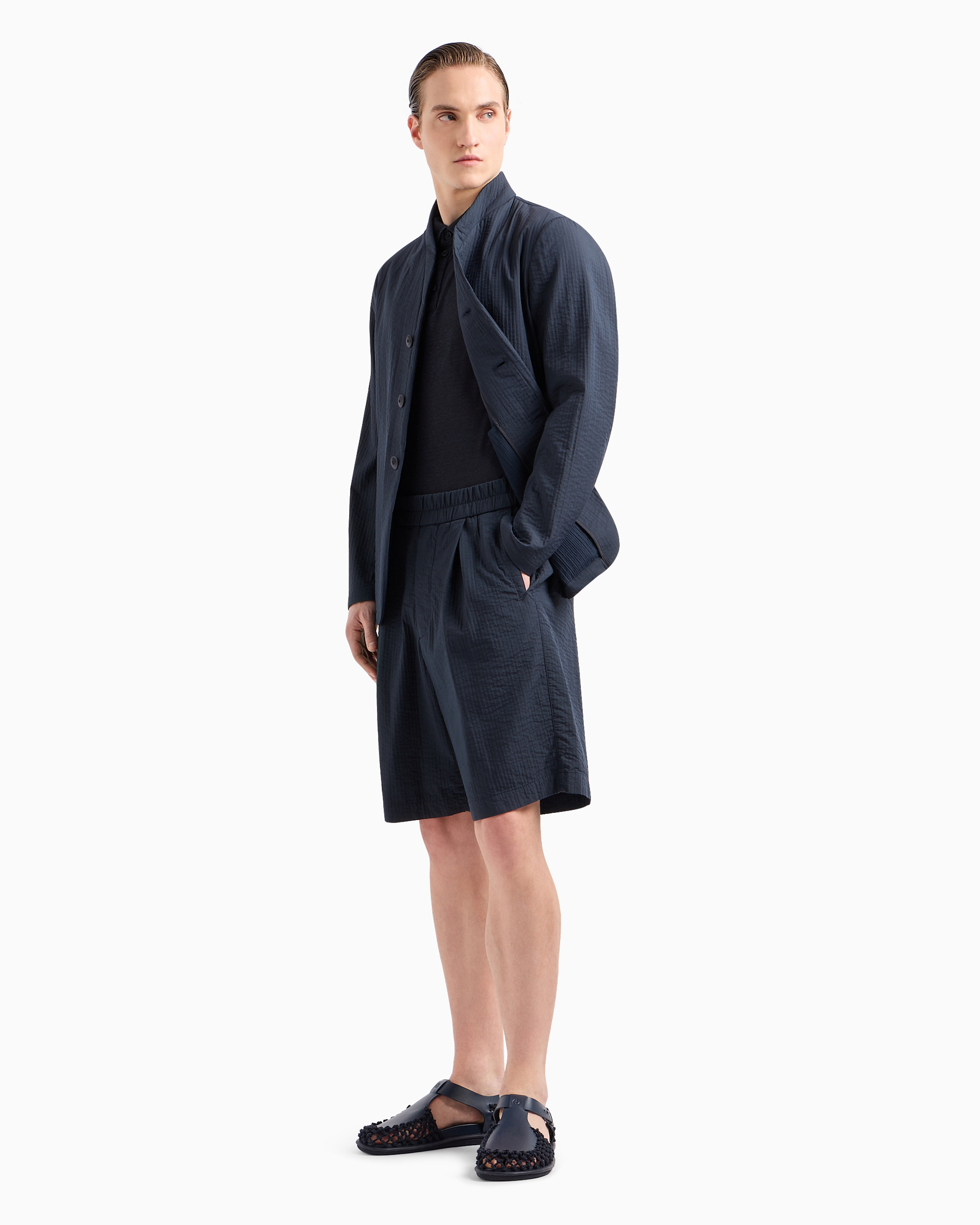 Giorgio Armani Official Store Short-sleeved Polo Shirt In Pure Linen Jersey In Midnight Blue
