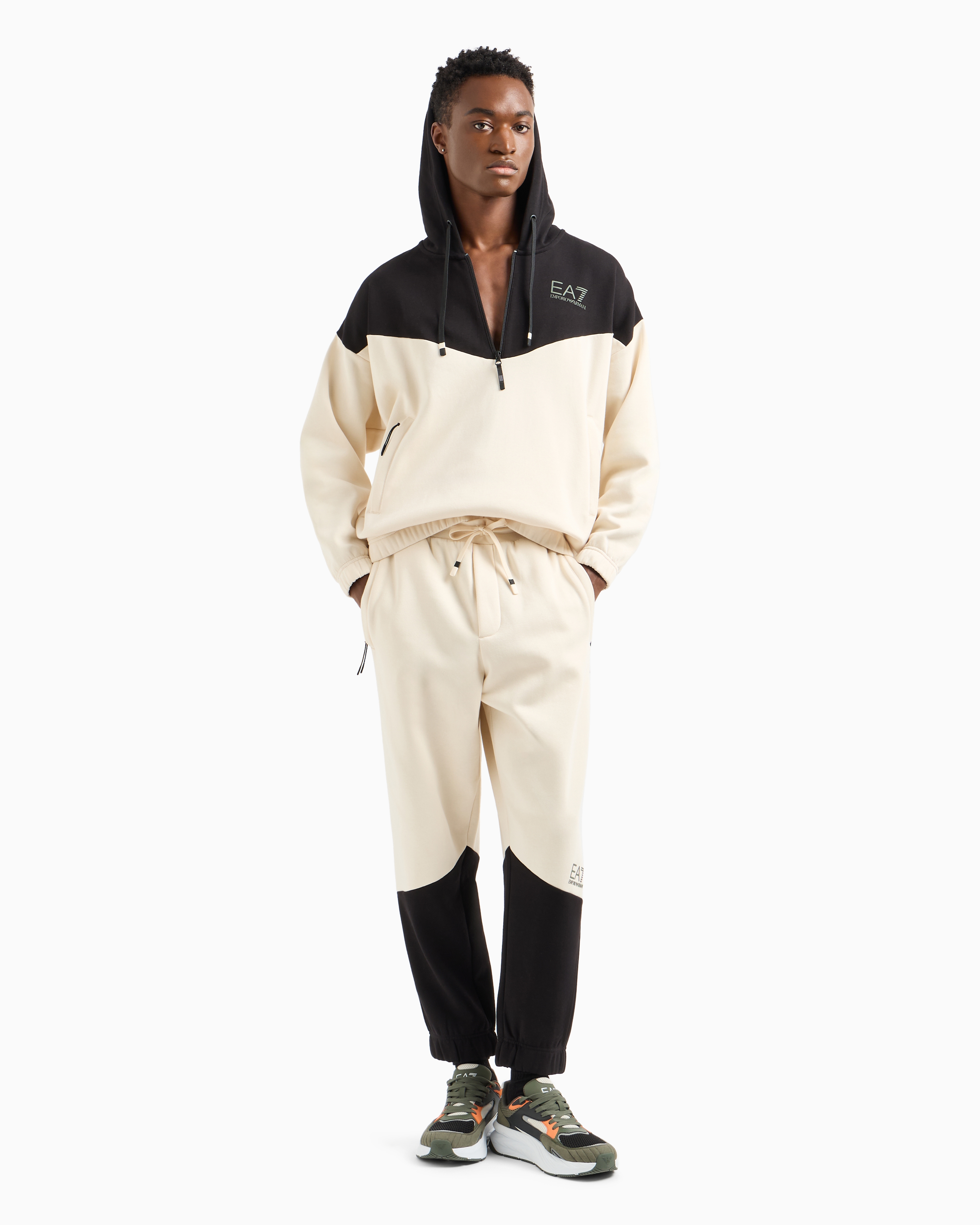 Shop Ea7 Athletic Colour Block Cotton-blend Tracksuit In Beige