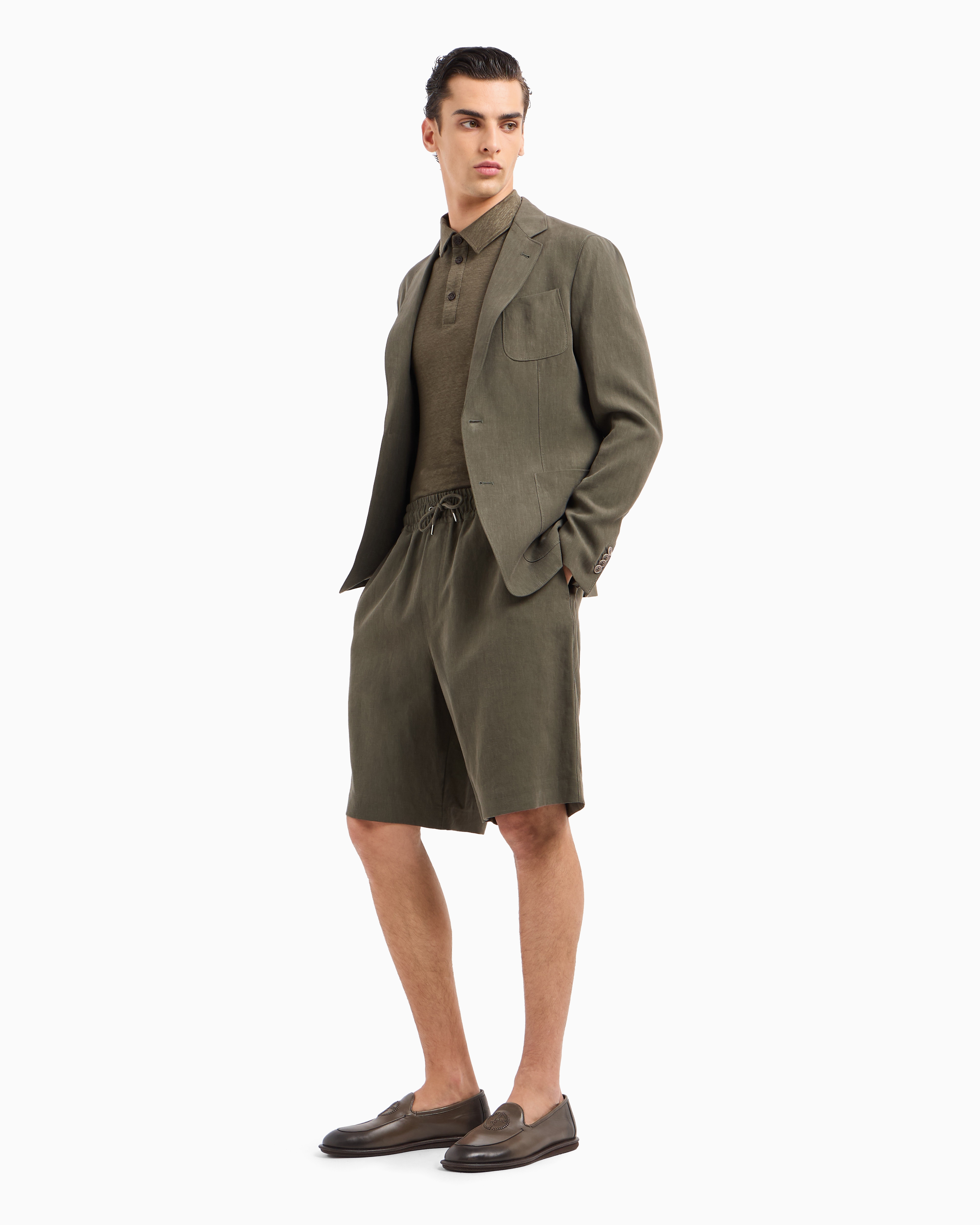 Giorgio Armani Official Store Short-sleeved Polo Shirt In Pure Linen Jersey In Military Green
