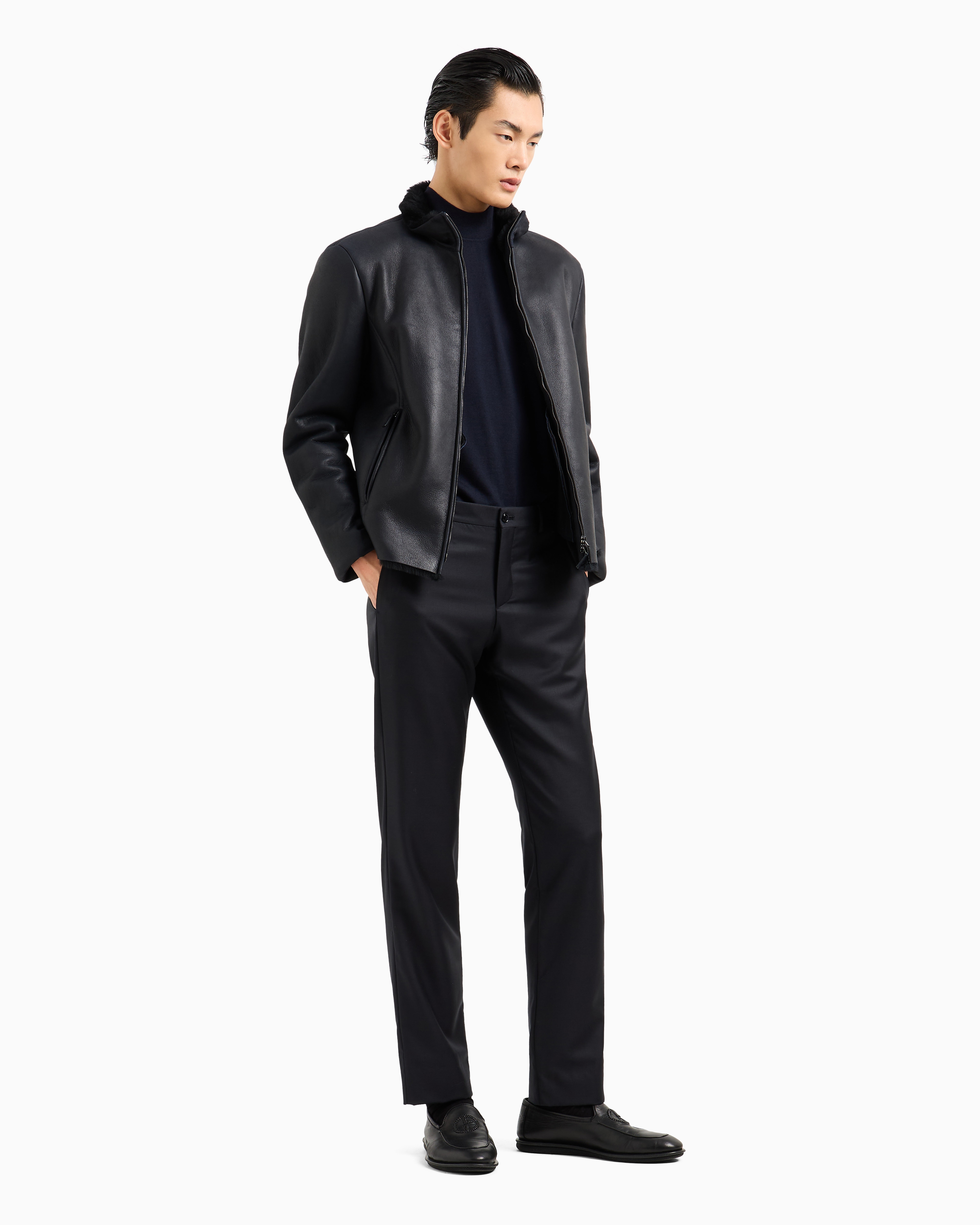 Giorgio Armani Official Store Zipped Sheepskin Blouson In Midnight Blue
