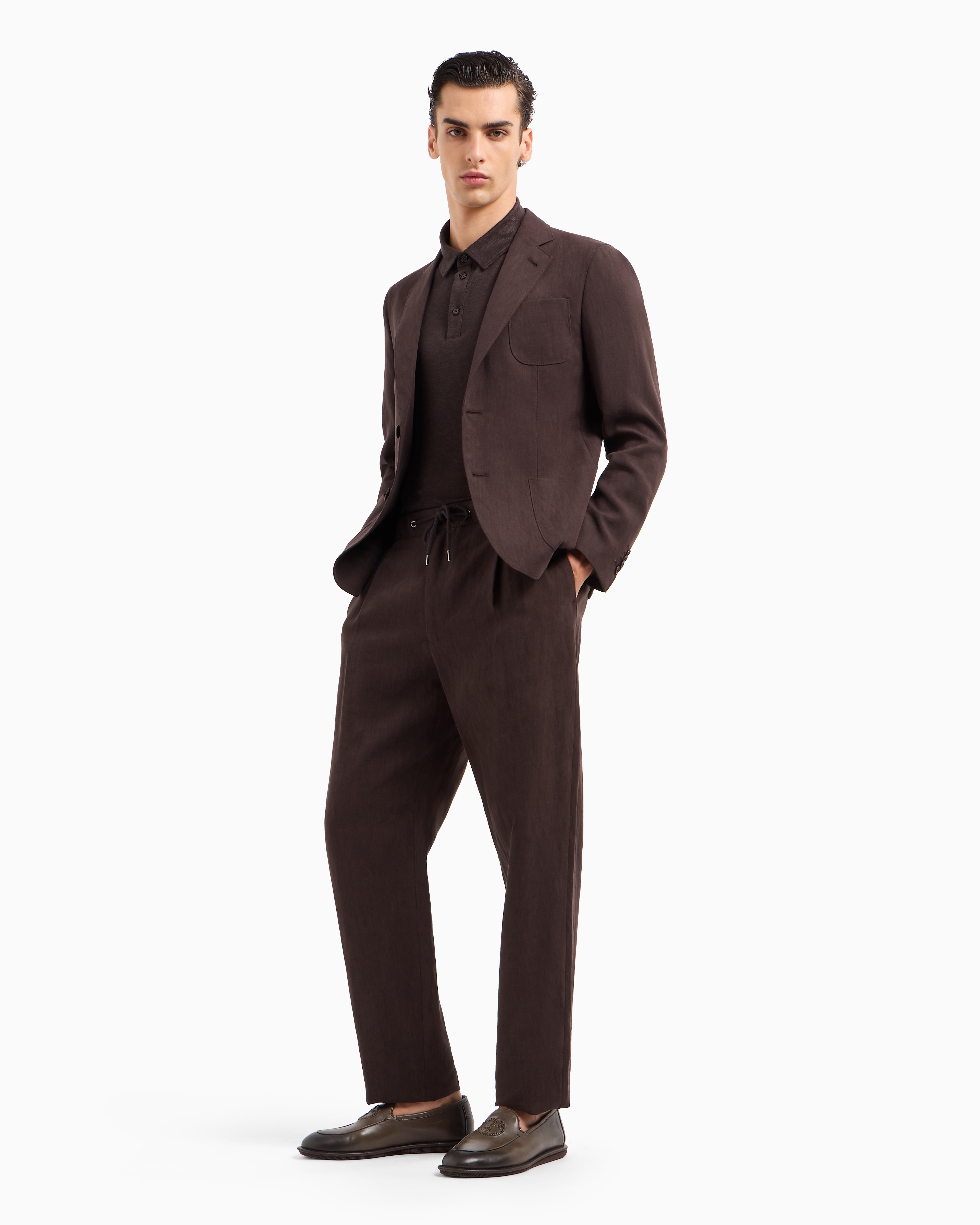 Giorgio Armani Official Store Upton Line Single-breasted Jacket In Pure Linen Canvas In Marron