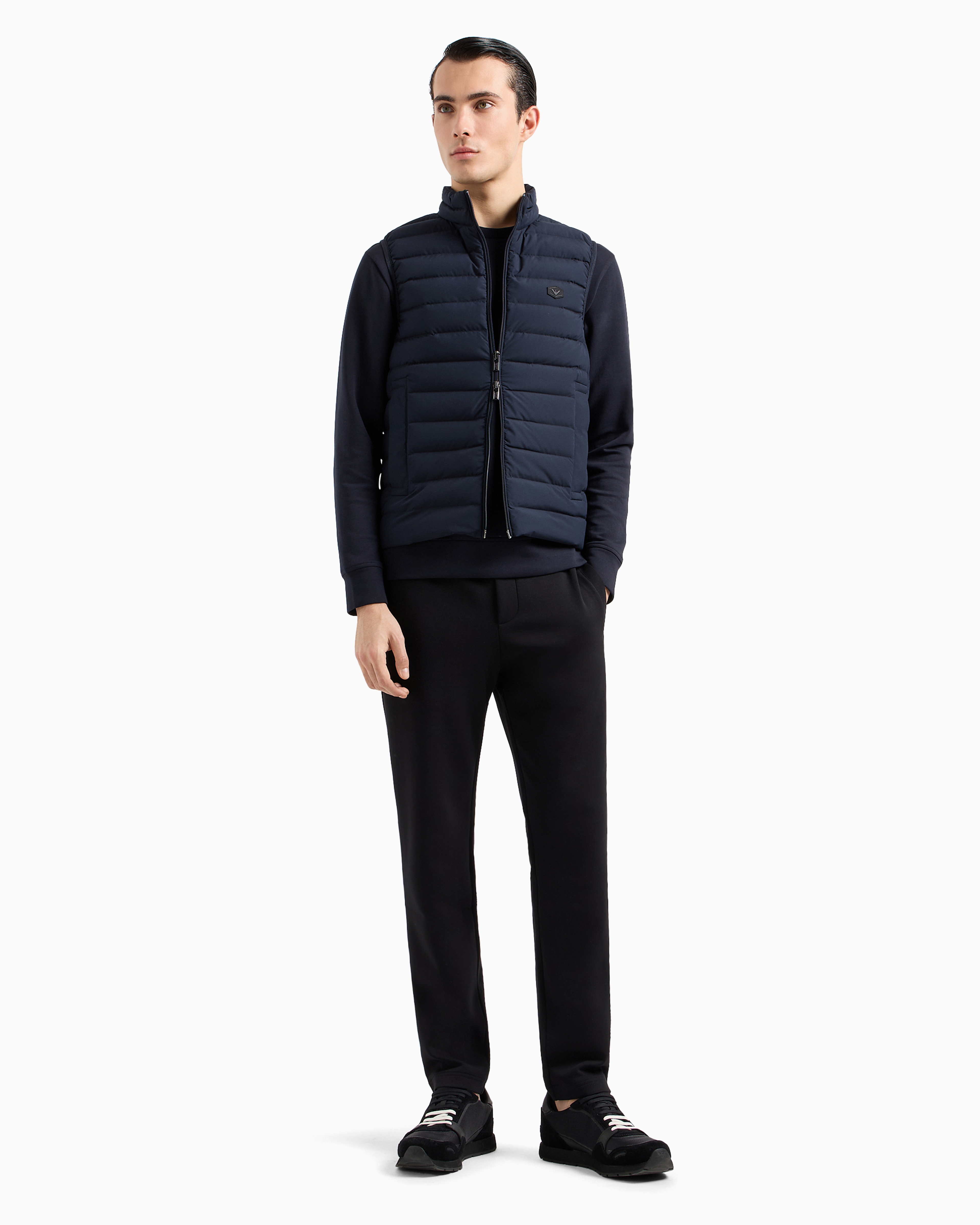 Shop Emporio Armani Sleeveless Full-zip Down Jacket In Quilted Nylon With Eagle Logo Patch In Navy Blue