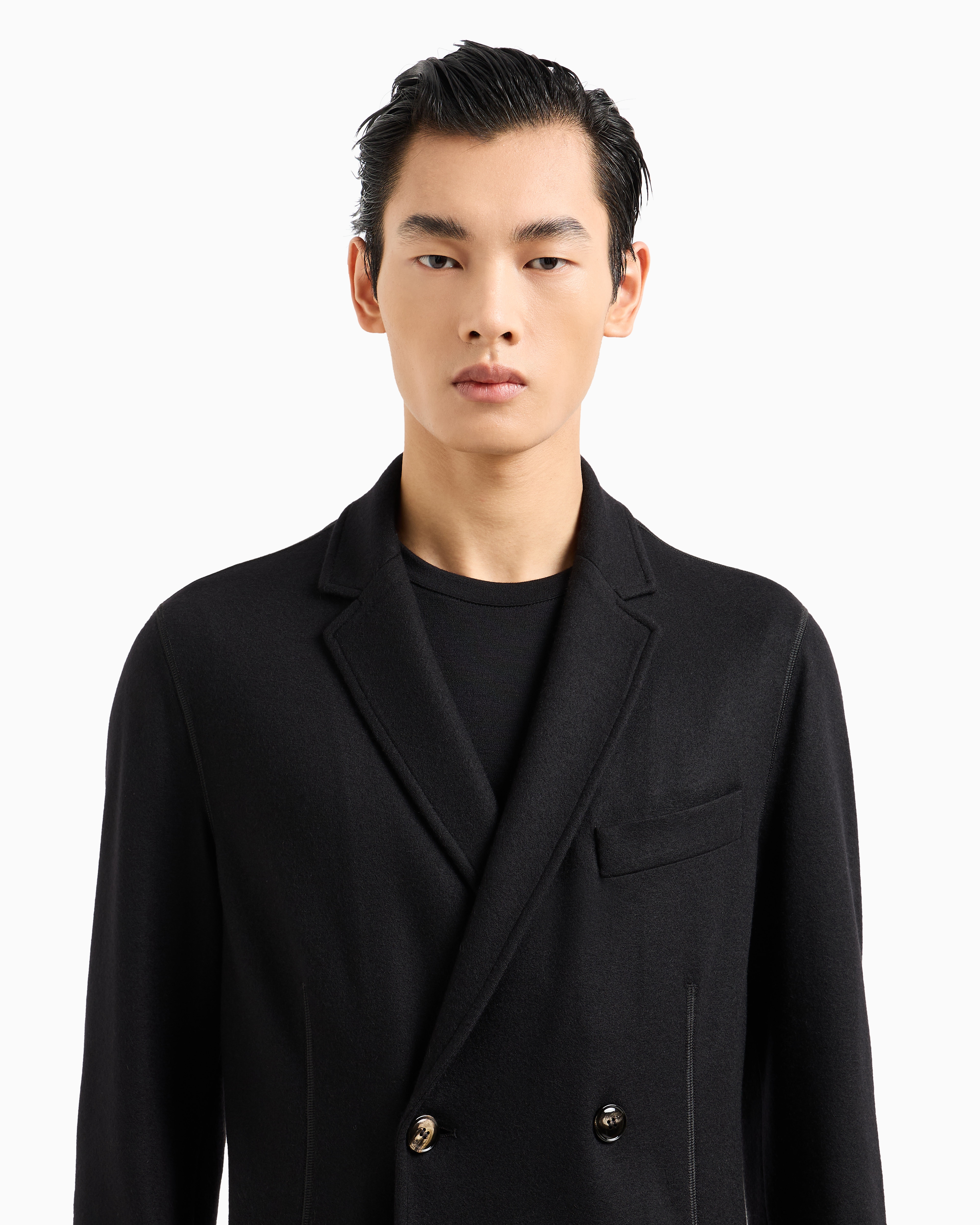 Giorgio Armani Official Store Icon Double-breasted Jacket In Fulled Cashmere Interlock In Black