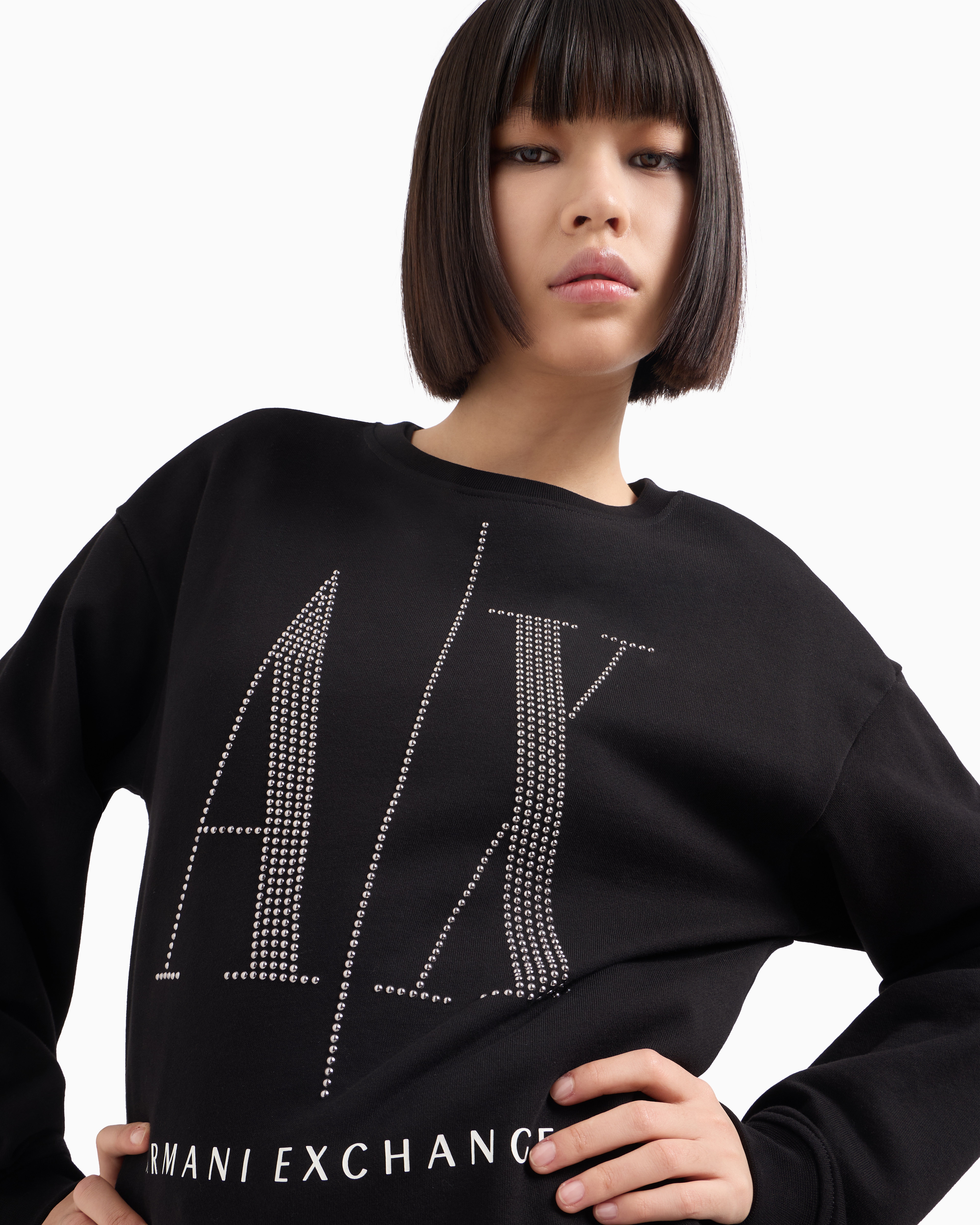 Shop Armani Exchange Icon Project French Terry Sweatshirt With Rhinestone Logo In Black