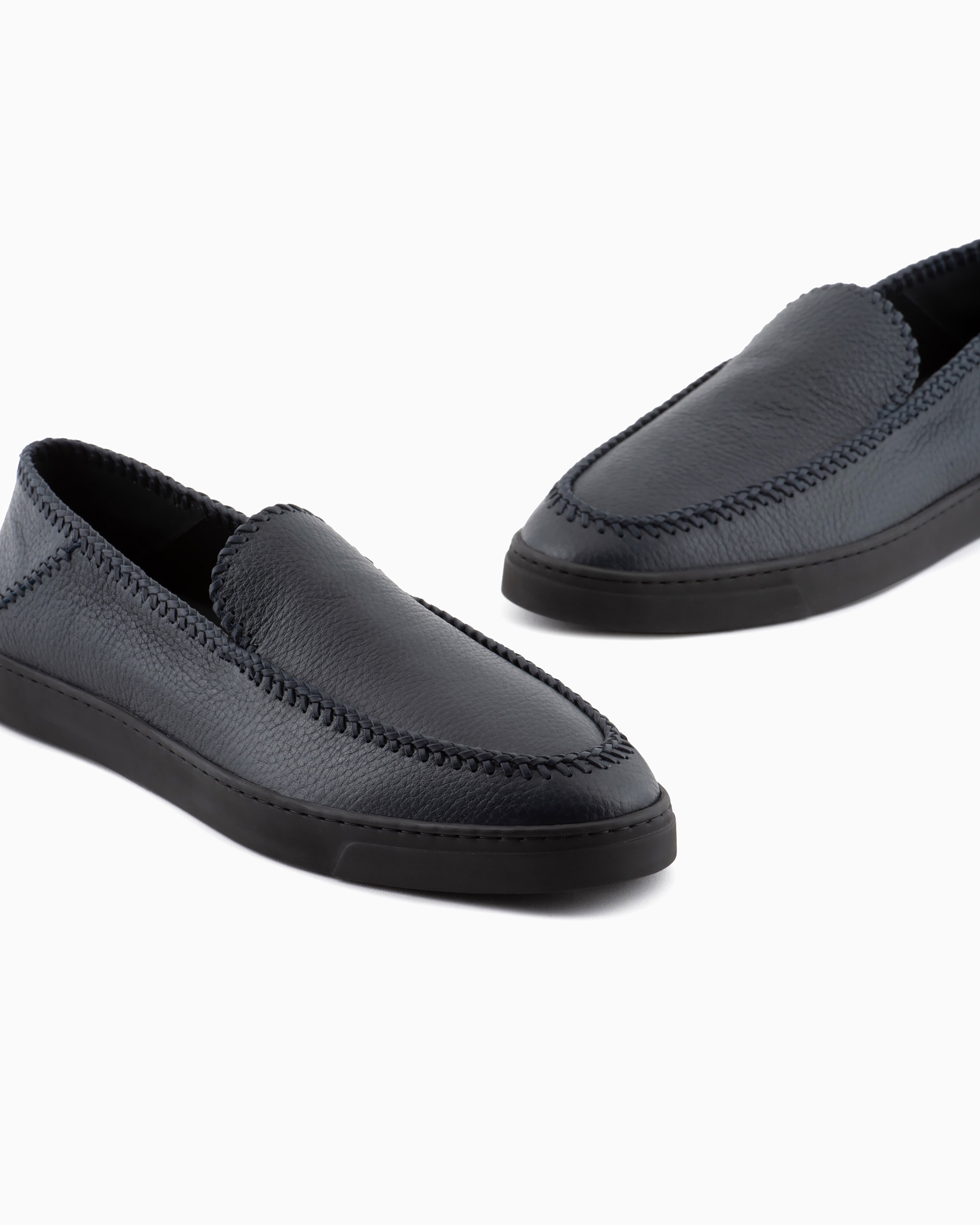 Giorgio Armani Official Store Deerskin Slip-ons With Threading In Navy Blue