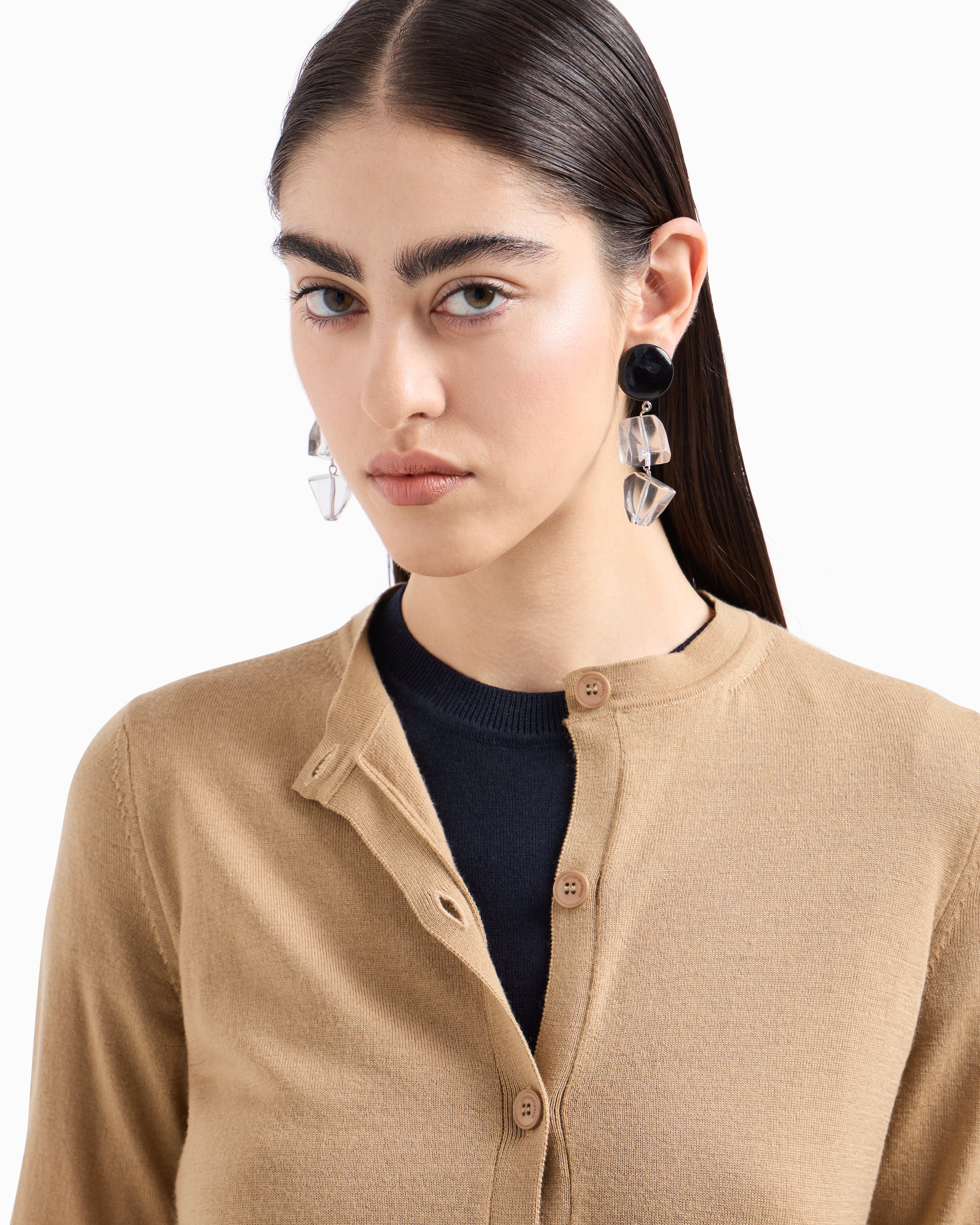 Shop Emporio Armani Cardigan In Plain-knit, Pure Virgin Wool In Camel