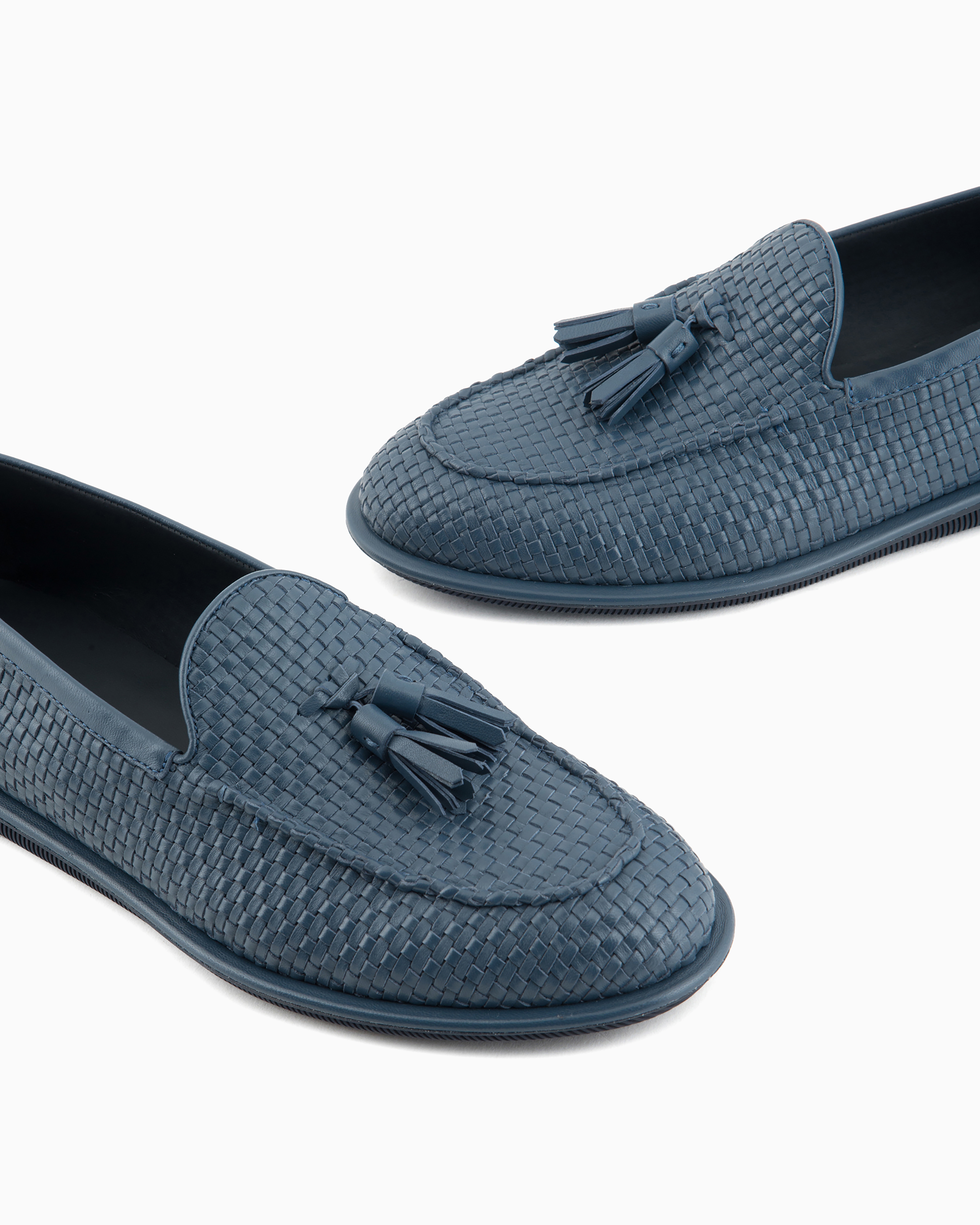 Giorgio Armani Leather Woven Loafers In Navy Blue