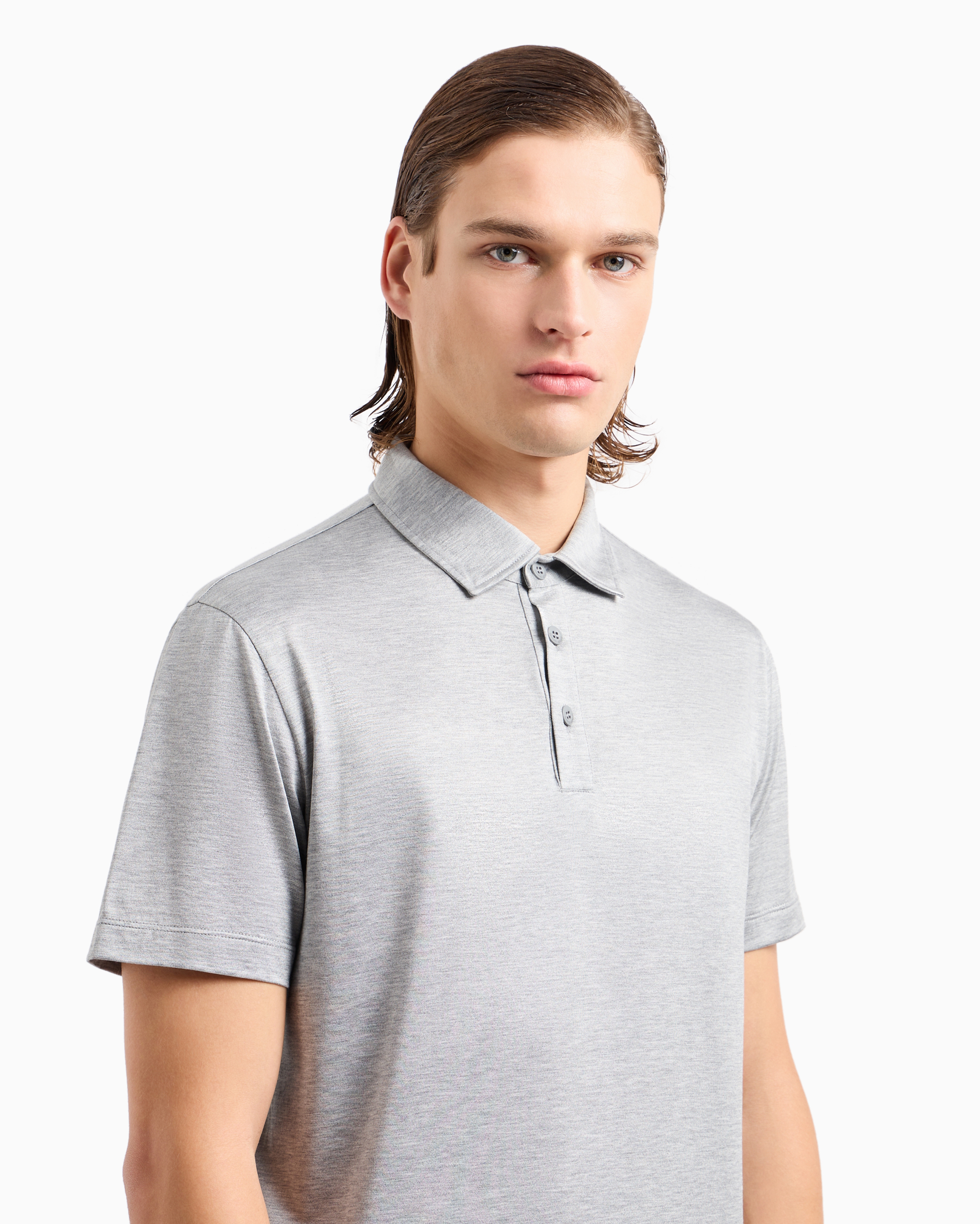 Shop Giorgio Armani Silk And Cotton-mélange Jersey Polo Shirt In Light Gray