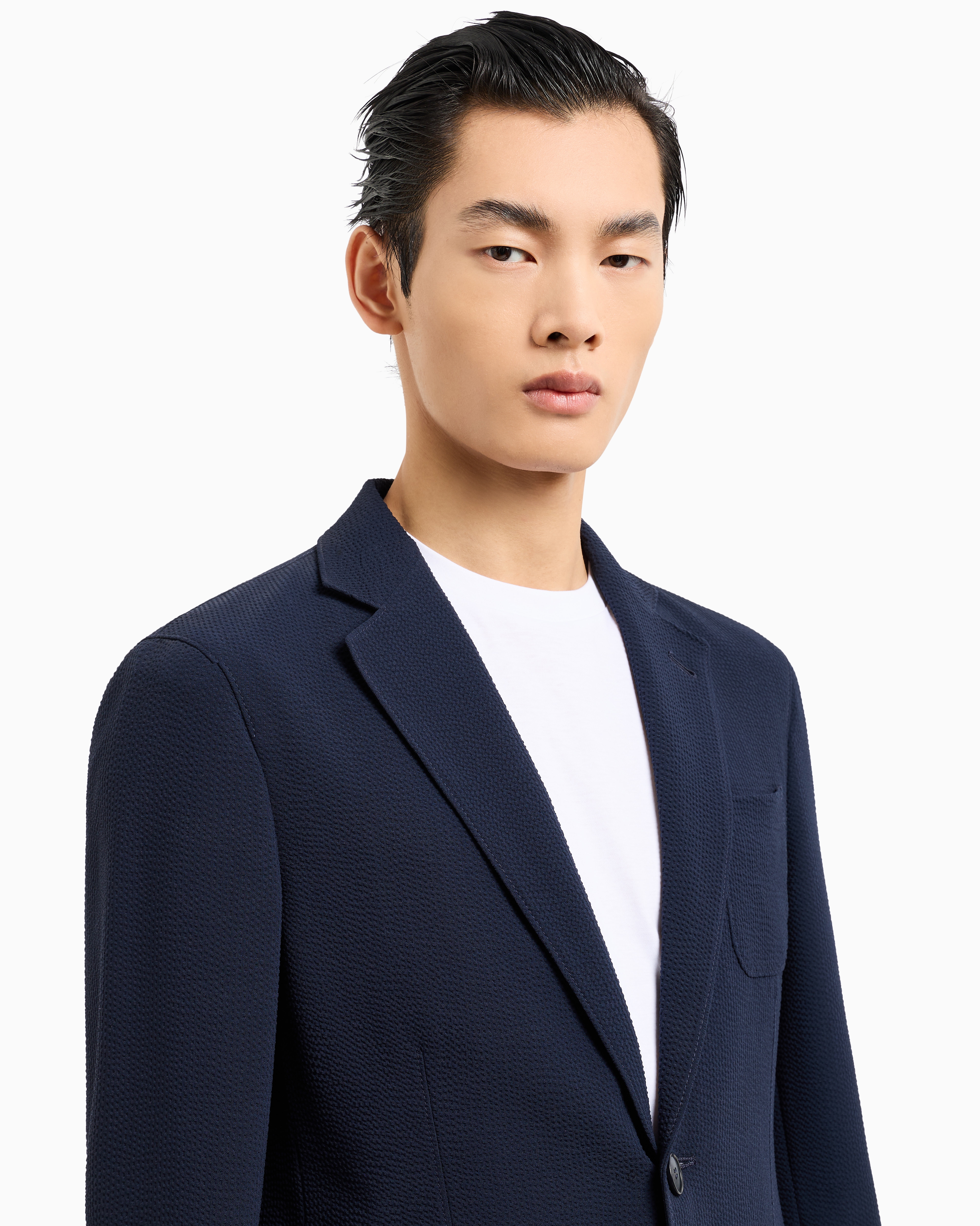 Giorgio Armani Upton Line Single-breasted Jacket In Seersucker Virgin Wool In Blue