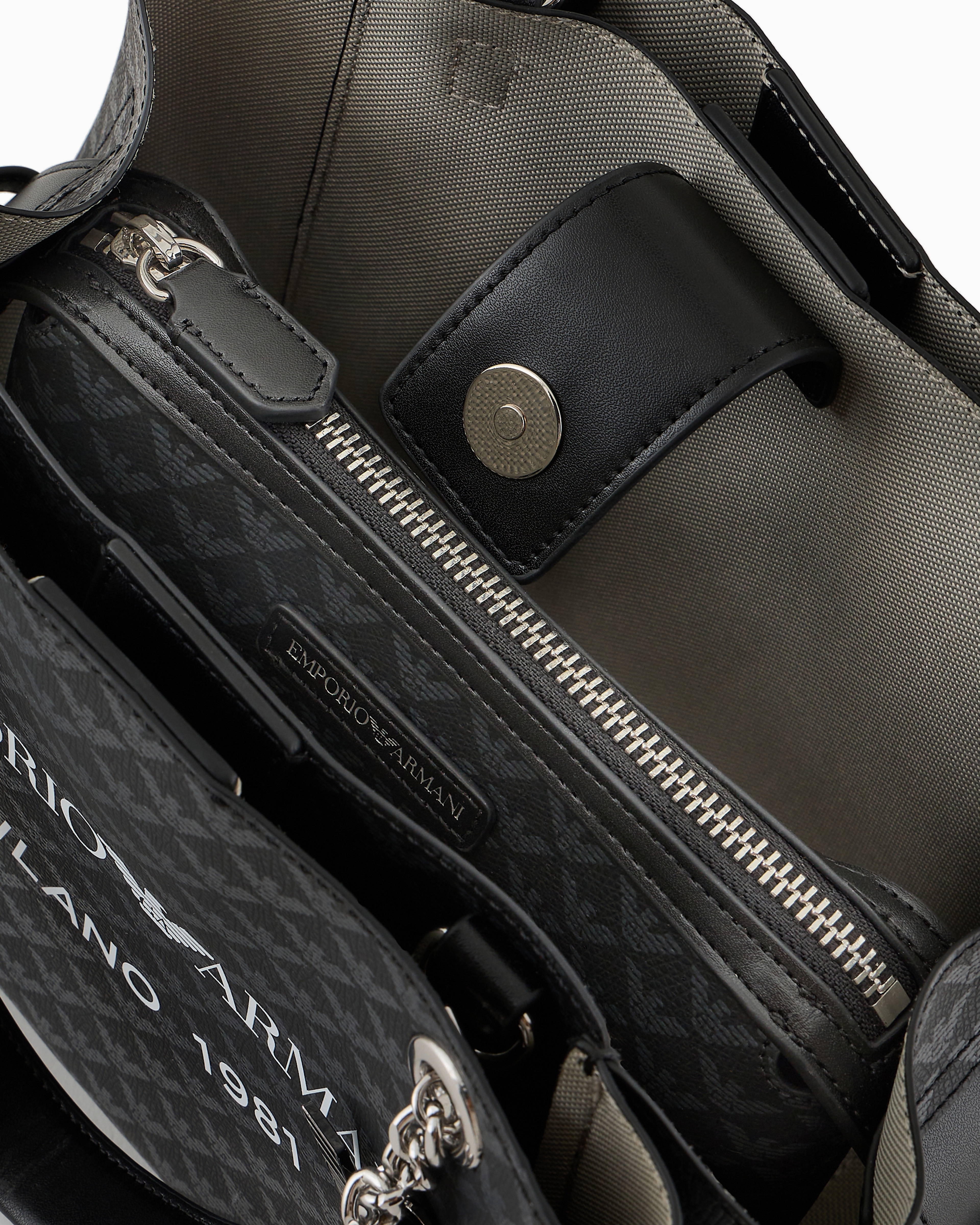 Emporio Armani All-over Eagle Handbag With Milano 1981 Logo Print In Bianco E Nero