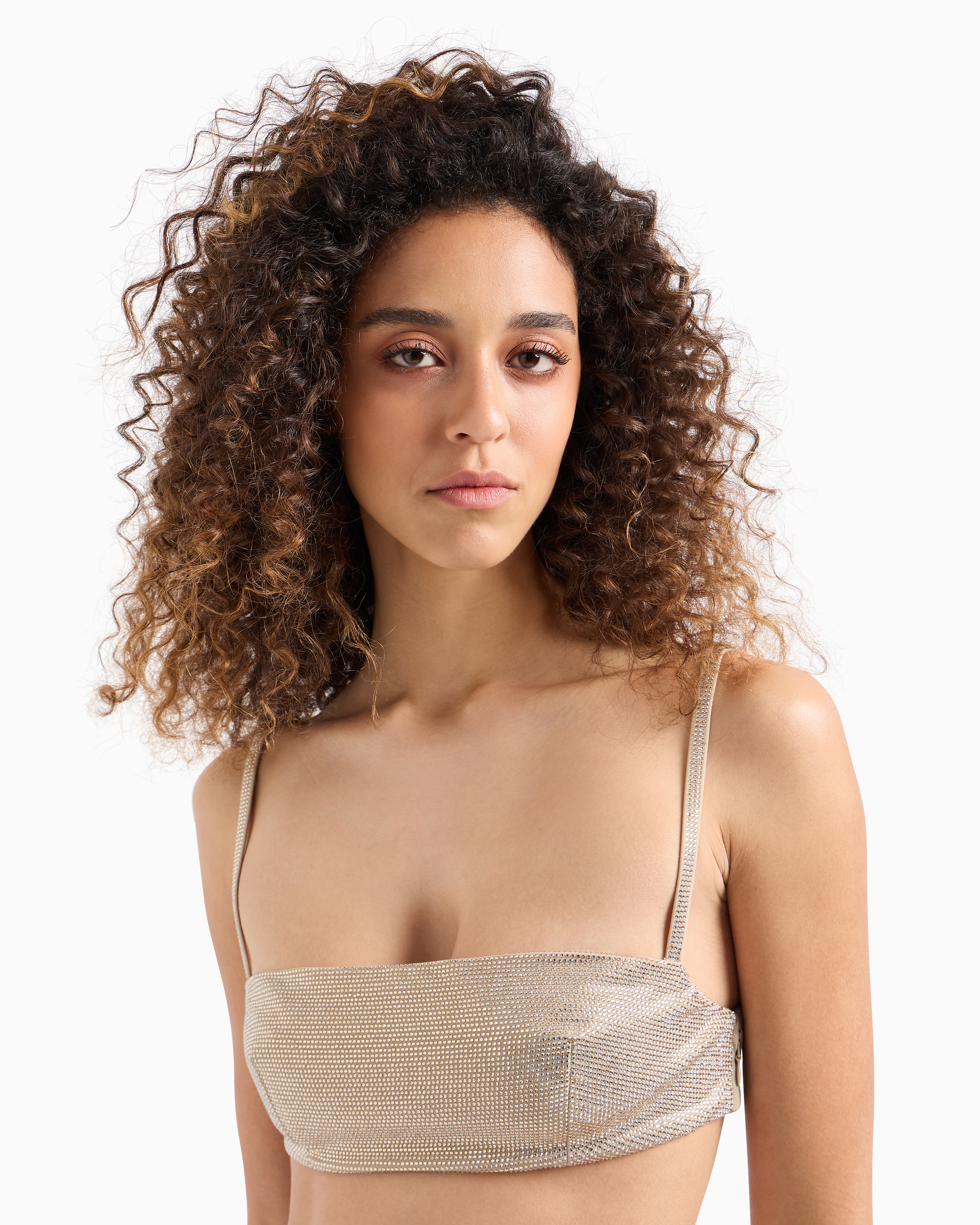 Emporio Armani Official Store Rhinestone-covered Bandeau Top With Shoulder Straps In Beige