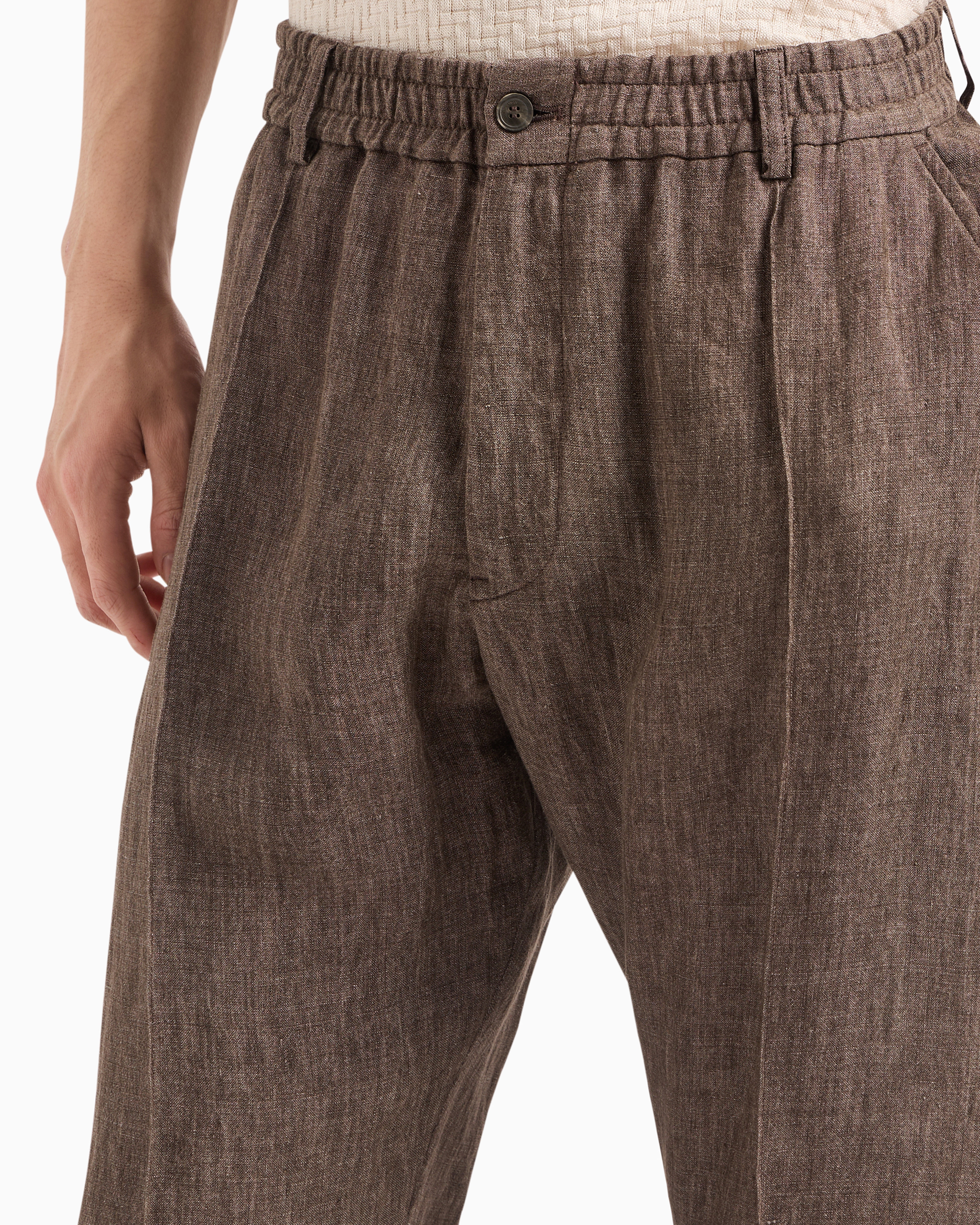 Shop Emporio Armani Crêpe-effect Faded Linen Trousers With Ribbing In Brown