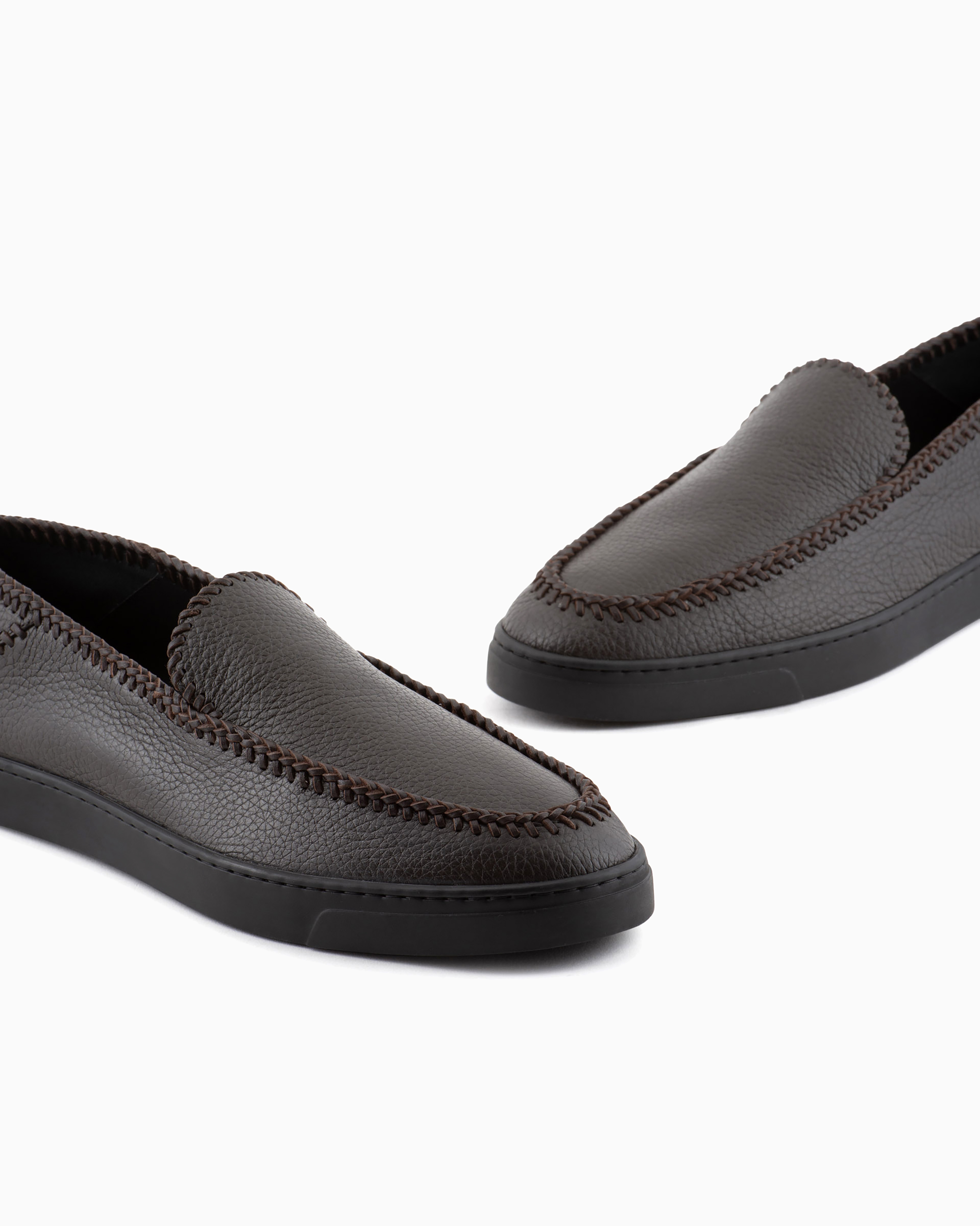 Giorgio Armani Official Store Deerskin Slip-ons With Threading In Brown