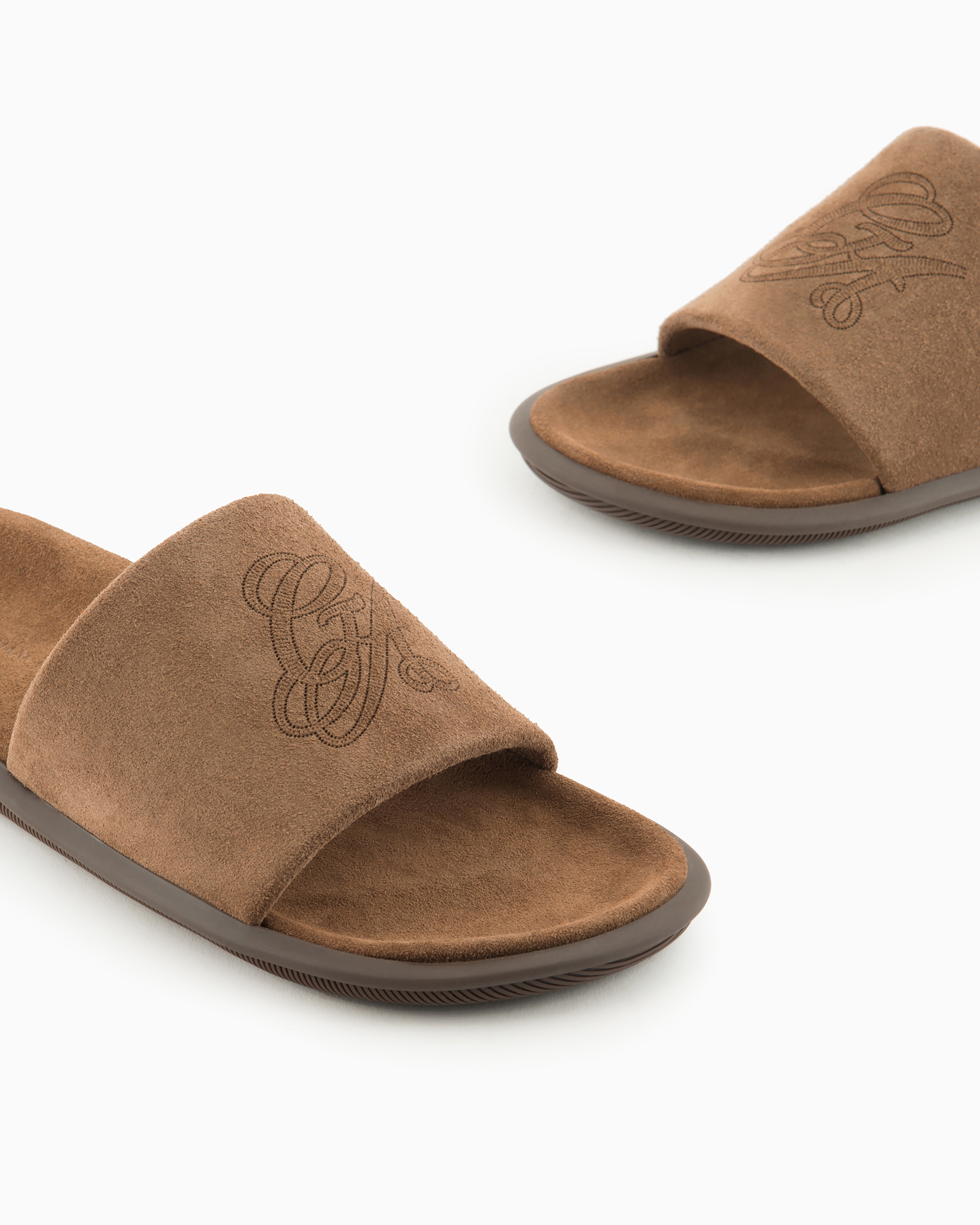 Giorgio Armani Official Store Suede Sandals With Logo In Tobacco