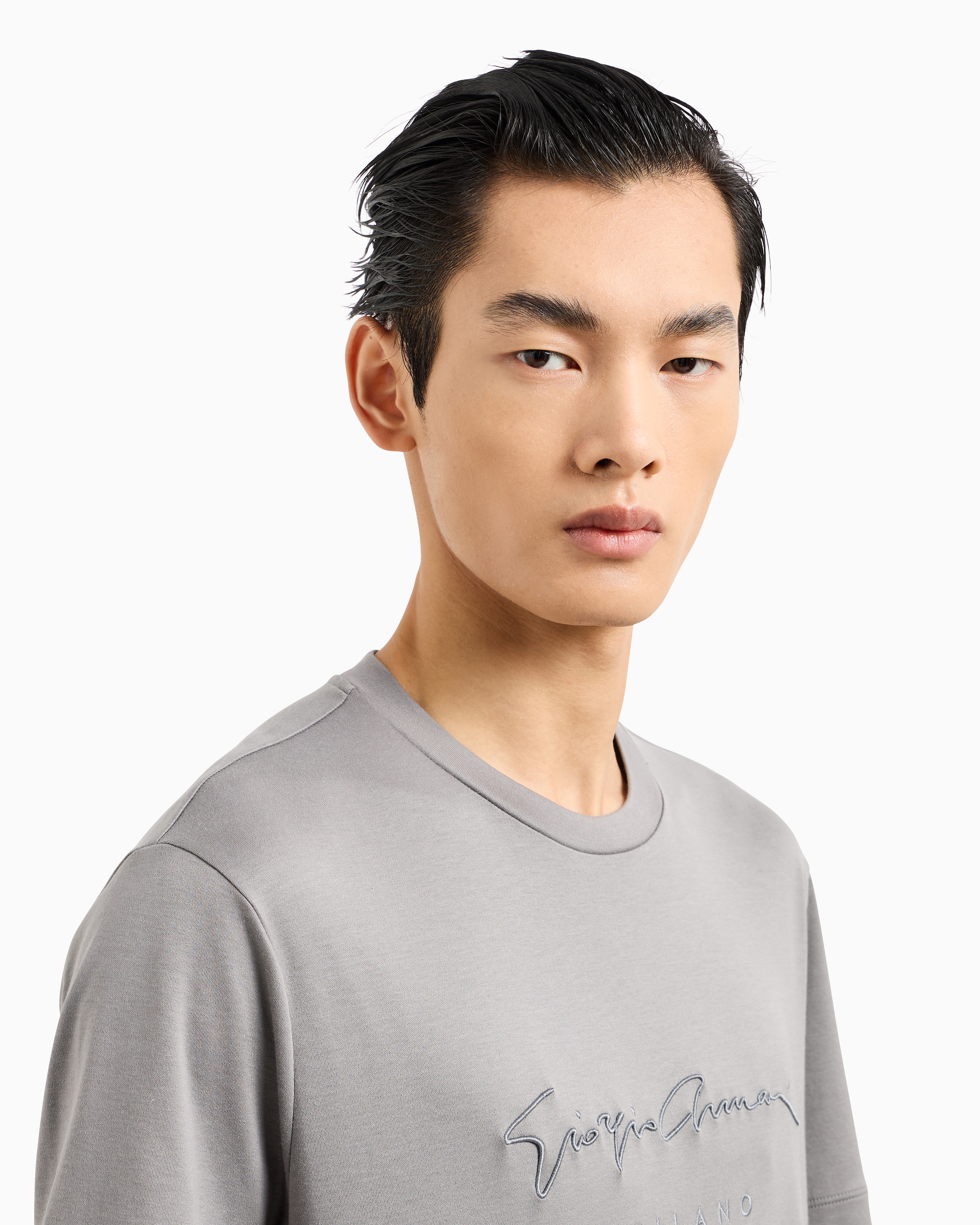 Shop Giorgio Armani Pure Cotton Interlock T-shirt With Embroidered Logo In Grey