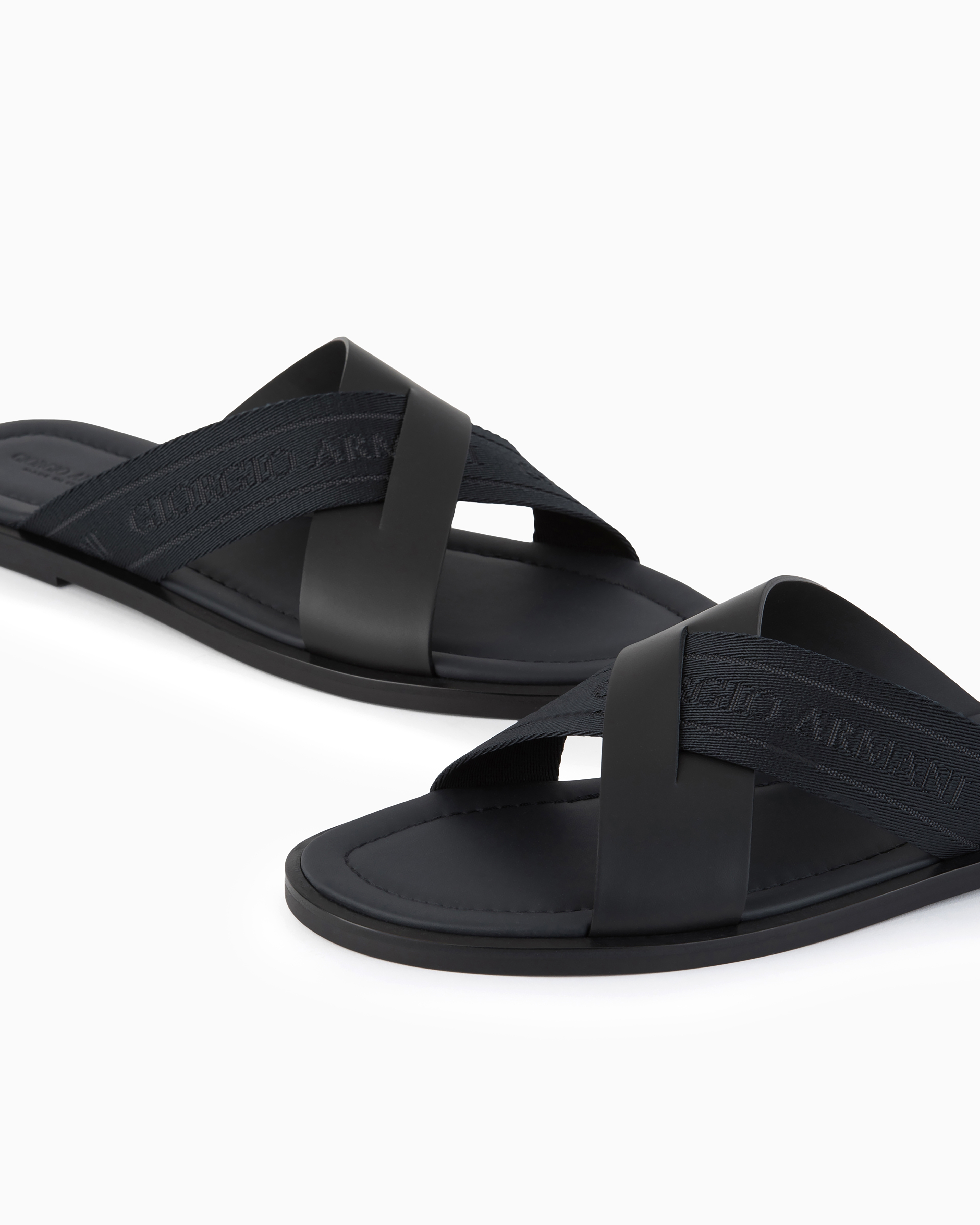 Giorgio Armani Leather Cross Sandals With Two-toned Tape In Black