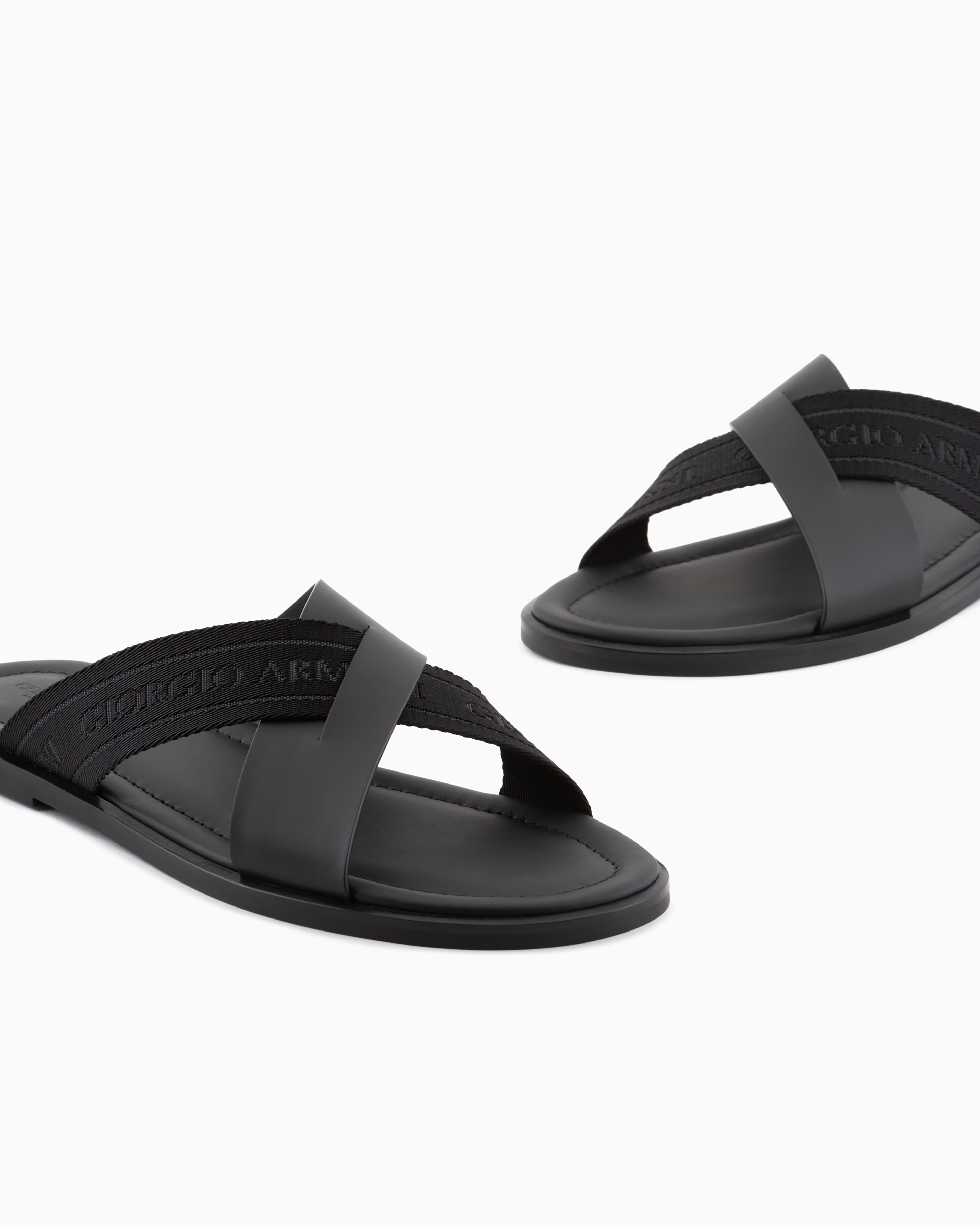 Giorgio Armani Official Store Leather Sandals With Two-toned Tape In Black 1
