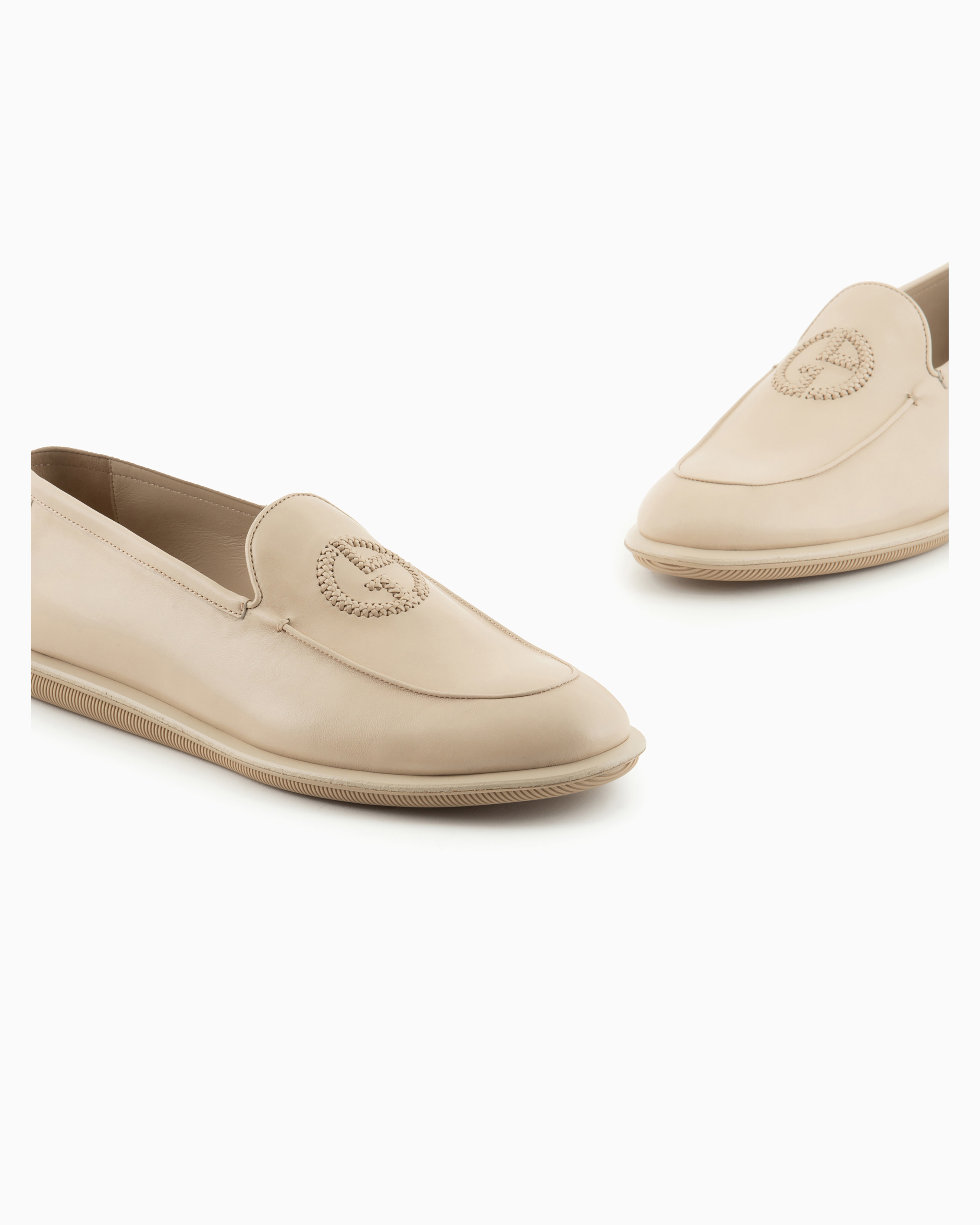 Giorgio Armani Official Store Antique-leather Loafers With Embroidered Logo In Beige