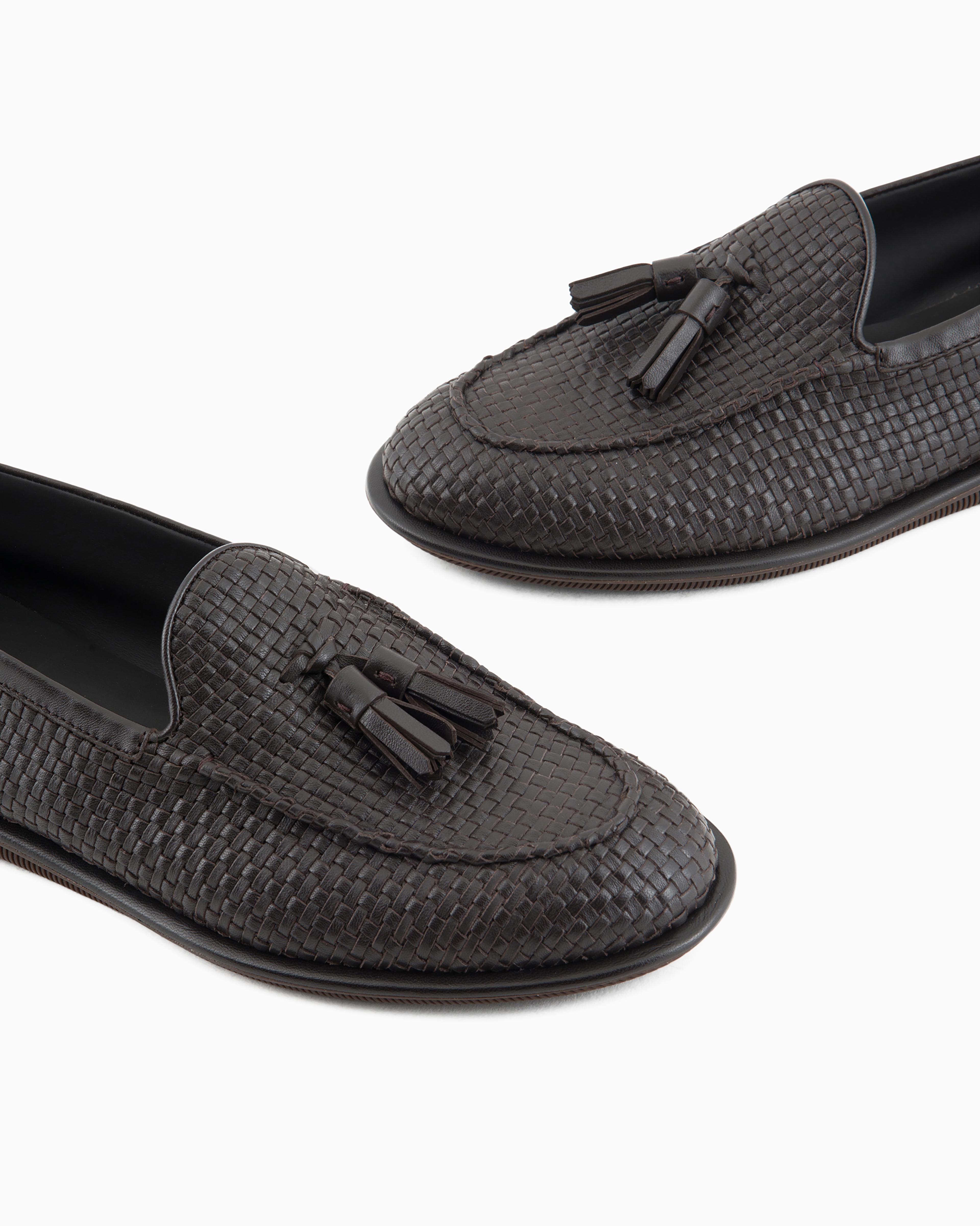 Shop Giorgio Armani Woven Nappa Leather Loafers With Tassels In Brown