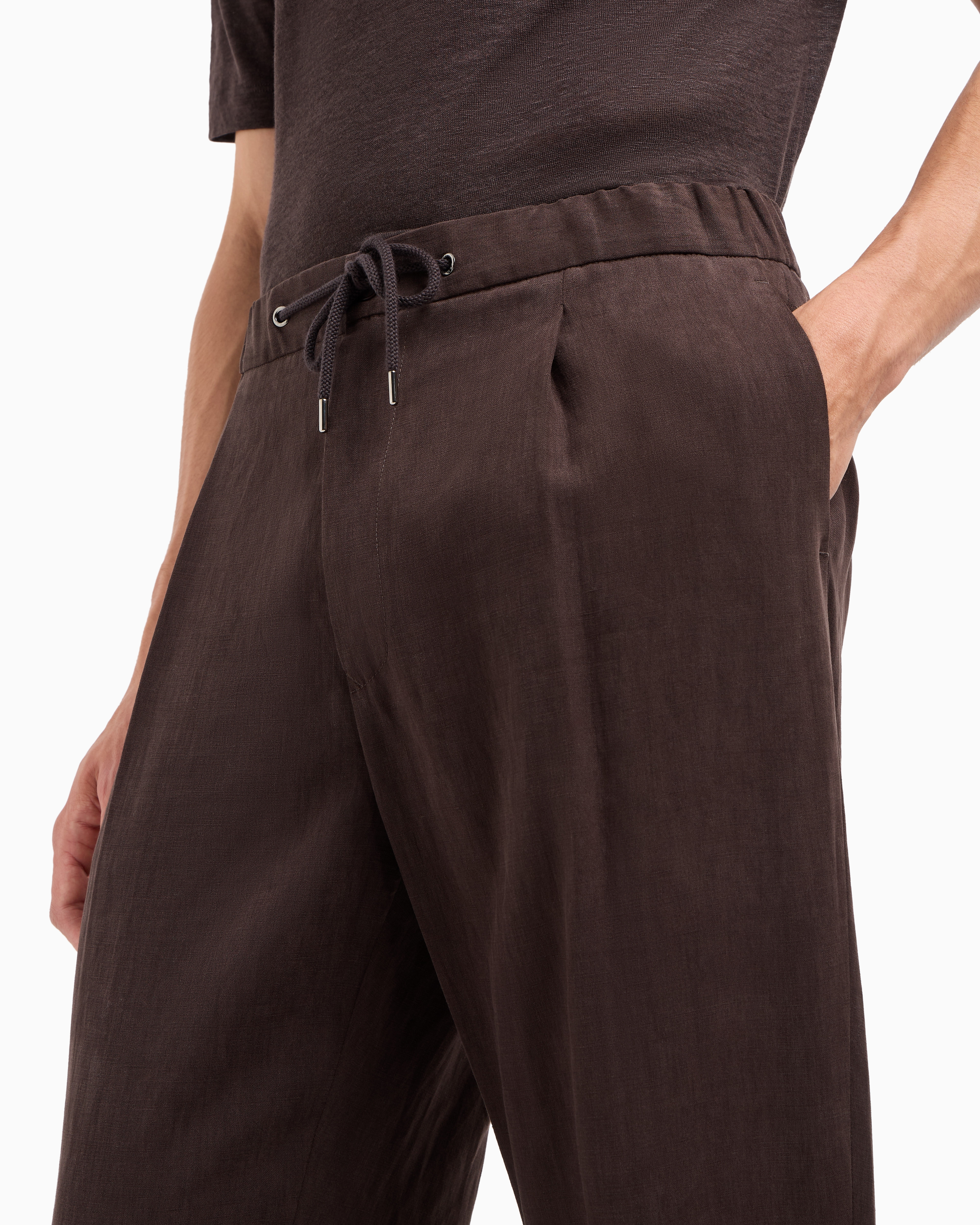 Shop Giorgio Armani Single-dart, Pure Linen Canvas Trousers In Brown