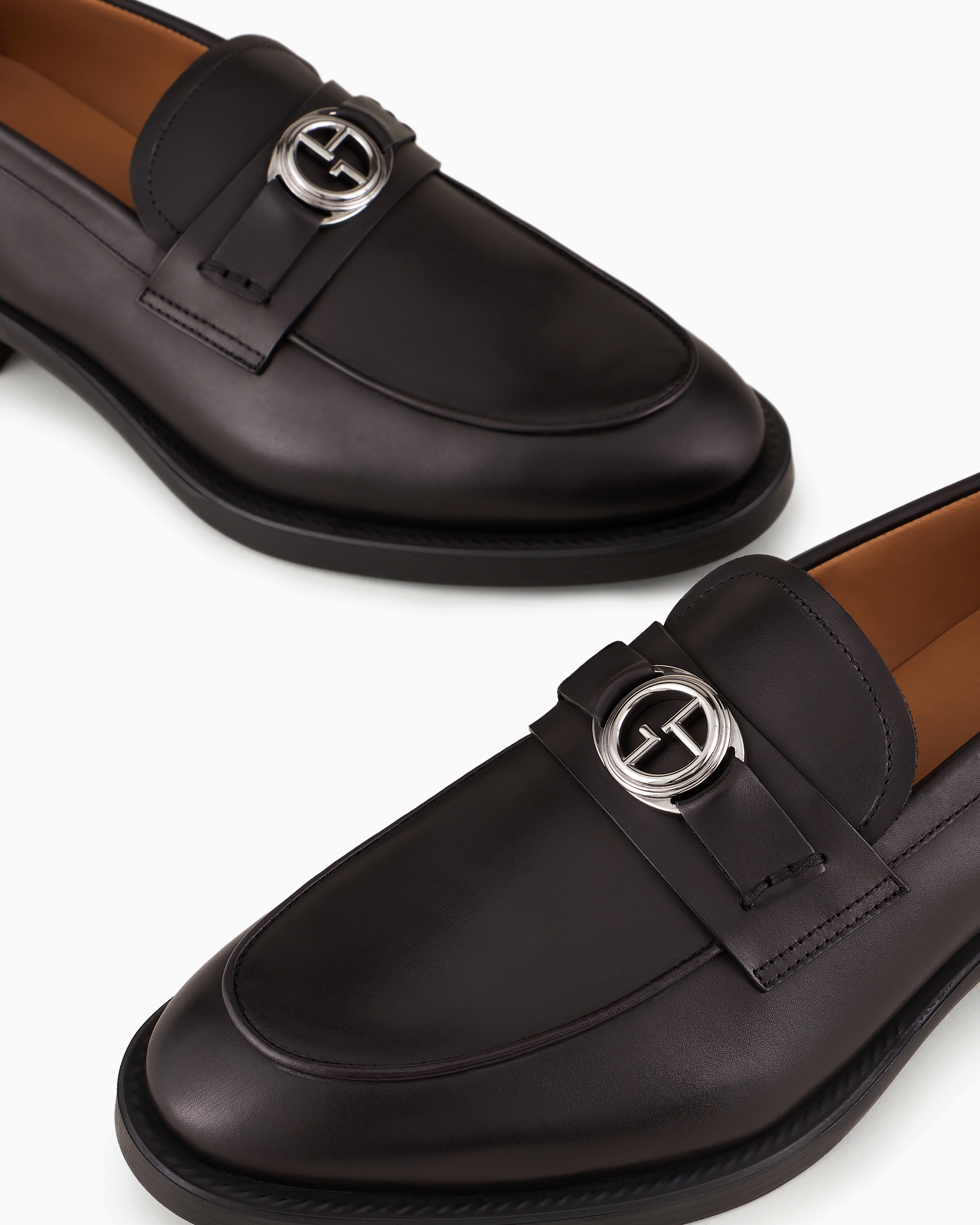 Giorgio Armani Official Store Leather Loafers With Logo In Black