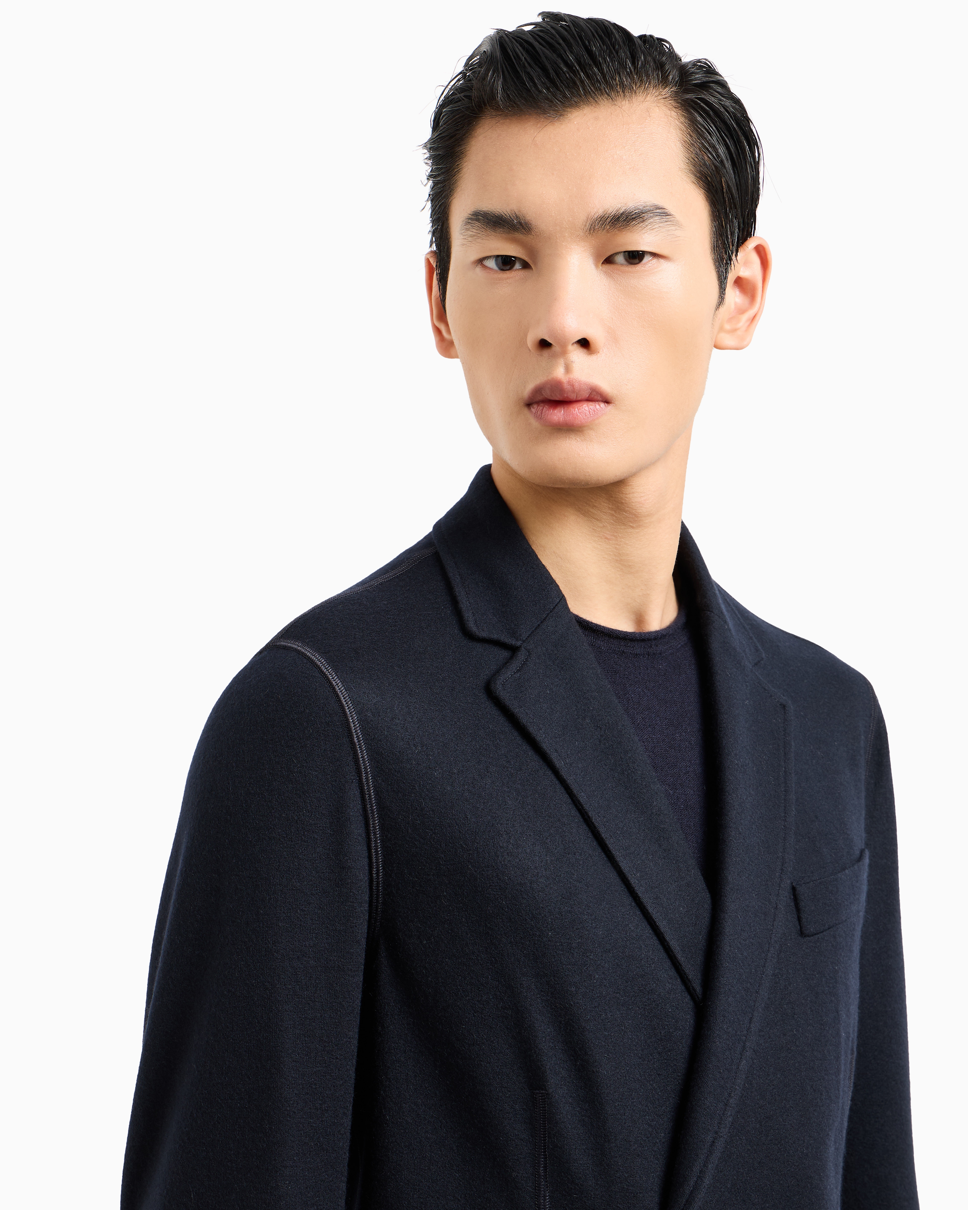 Shop Giorgio Armani Icon Double-breasted Jacket In Fulled Cashmere Interlock In Navy Blue