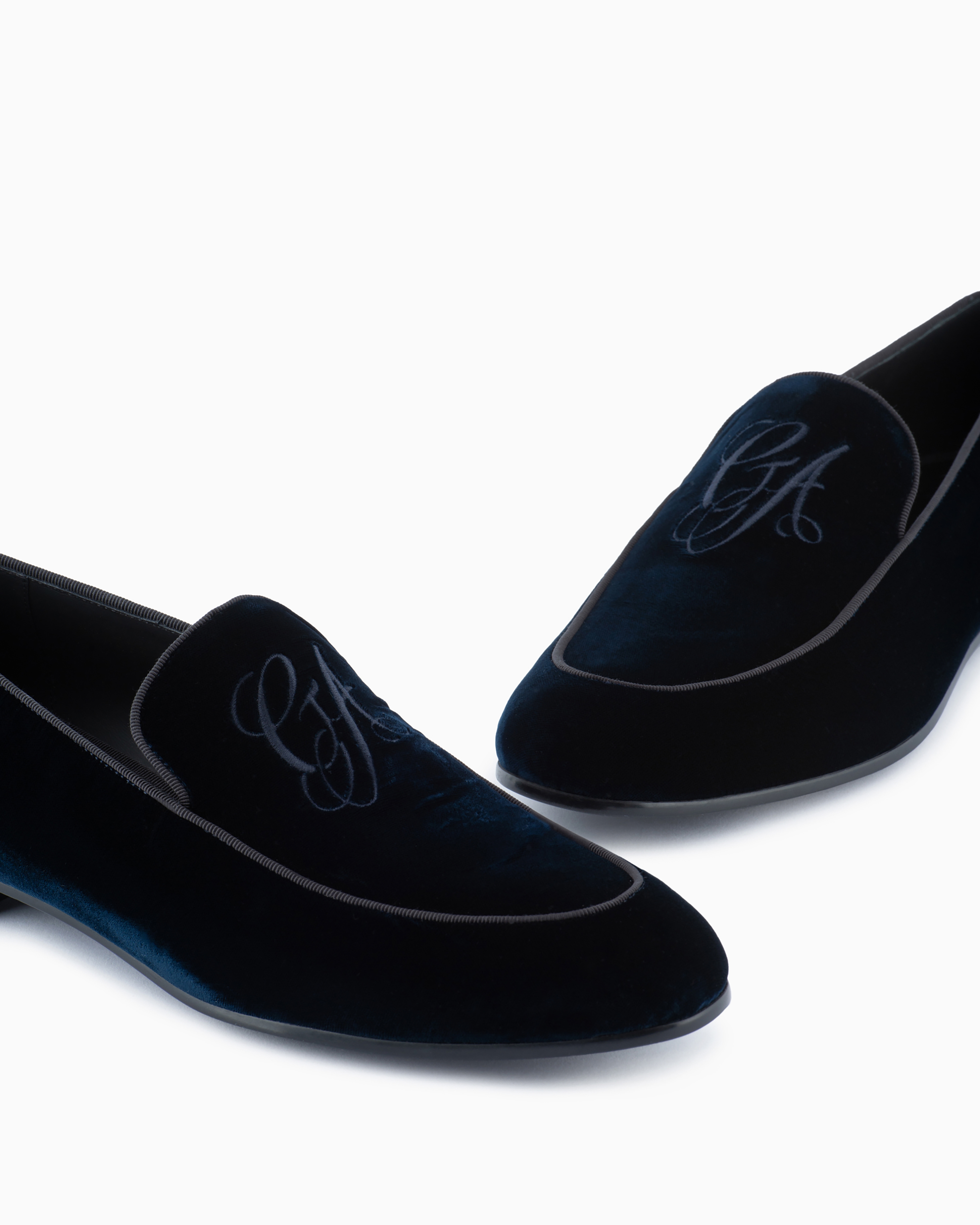 Shop Giorgio Armani Velvet Loafers With Embroidered Logo In Navy Blue