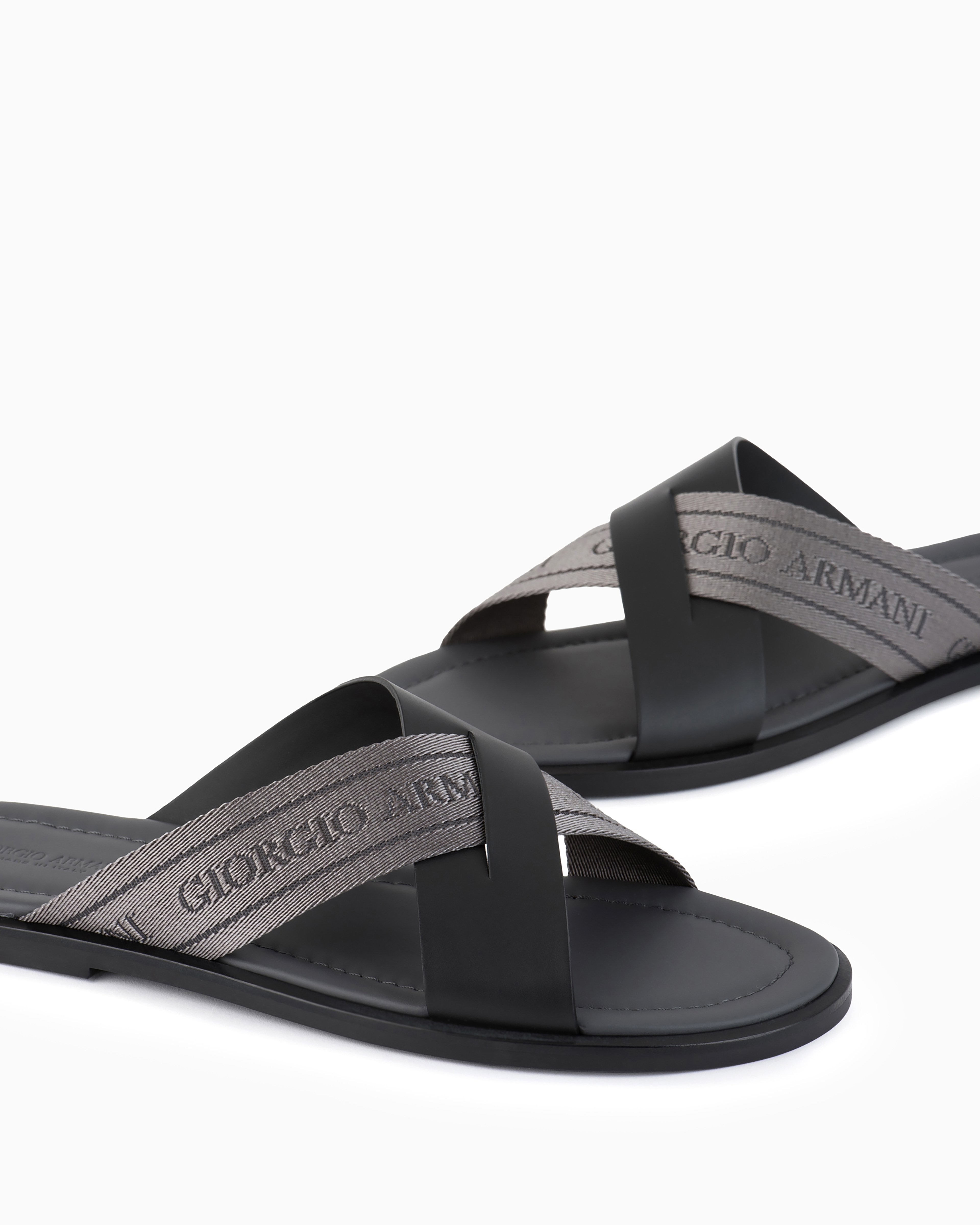 Giorgio Armani Official Store Leather Sandals With Two-toned Tape In Dark Gray