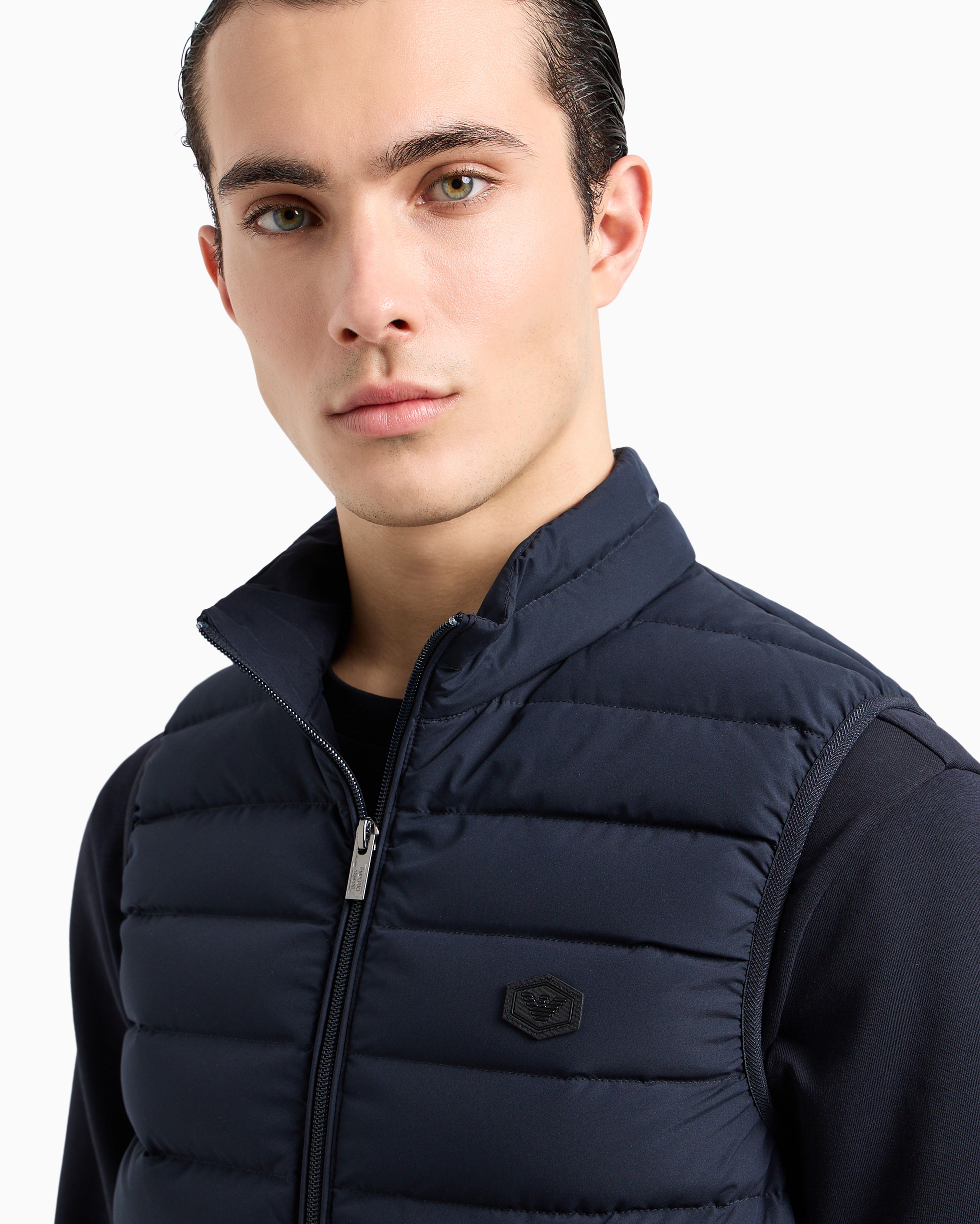 Shop Emporio Armani Sleeveless Full-zip Down Jacket In Quilted Nylon With Eagle Logo Patch In Navy Blue